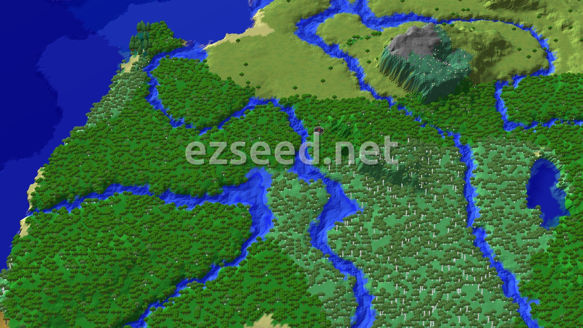A 3D fly-over of a world showing dense green forests, winding blue rivers, patches of open plains, and a single grey-capped mountain in the distance, with a small spawn marker in the center.