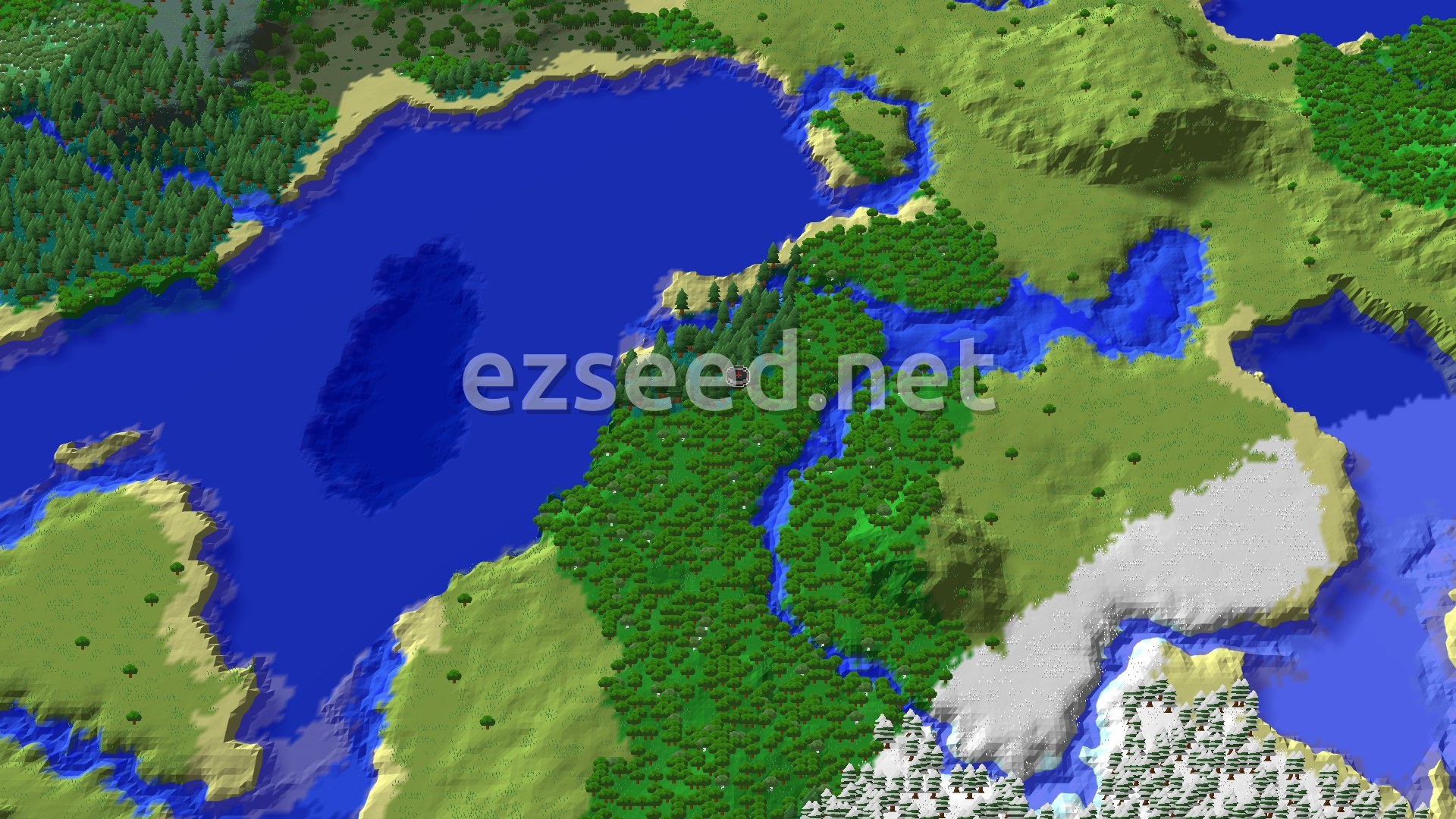 An aerial view of a varied landscape, featuring a large body of water, dense taiga and forest biomes, sandy beaches, and a snow-covered area with snowy trees.