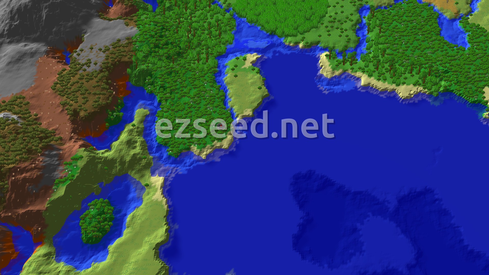 Aerial Minecraft seed map — Forest Spawn with Ancient City Nearby and Badlands