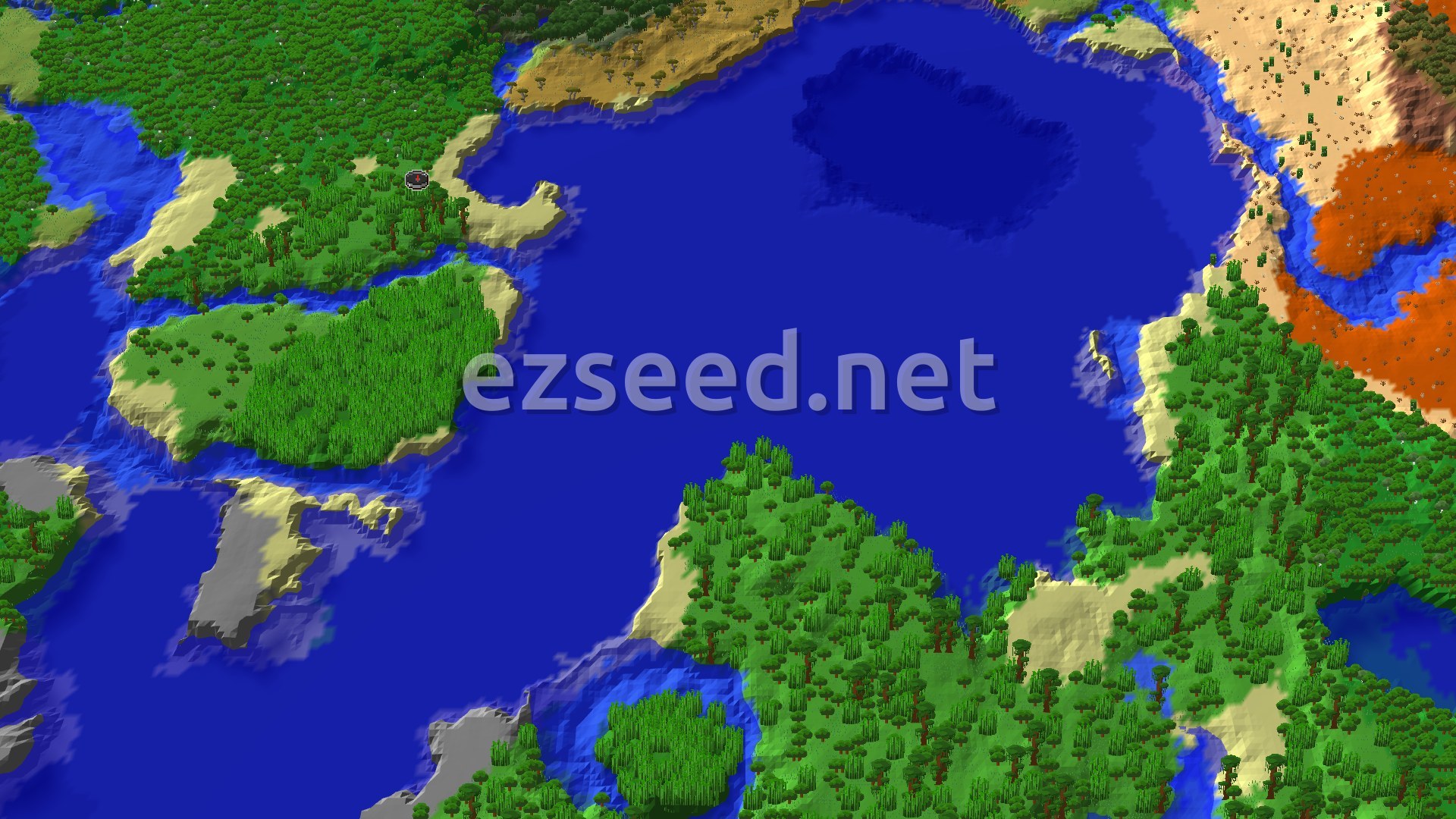 An aerial view of a large island covered in dense green jungle and sparse trees, surrounded by blue ocean, with sandy beaches and some reddish-orange badlands in the distance.