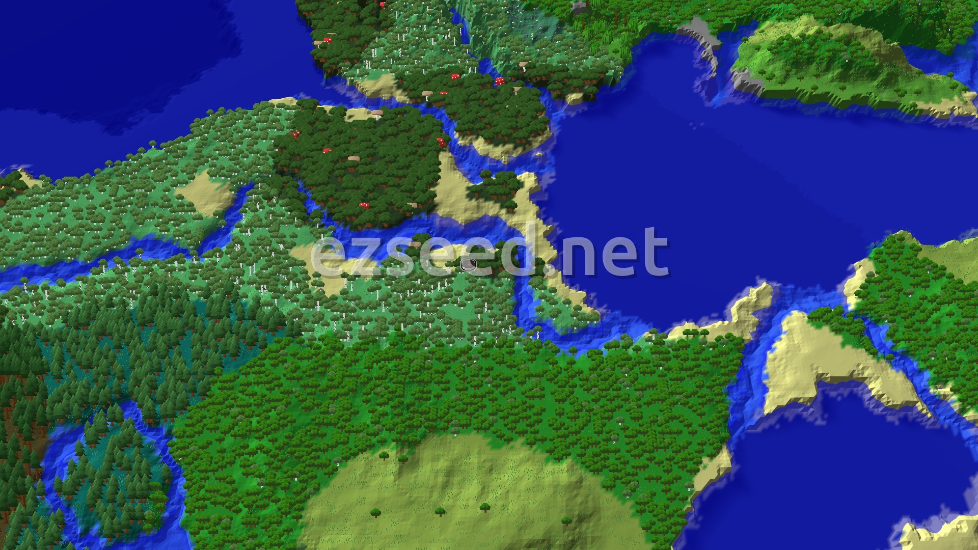 An aerial view of a varied forest landscape with a prominent lake and patches of darker trees, suggesting a mix of biomes.