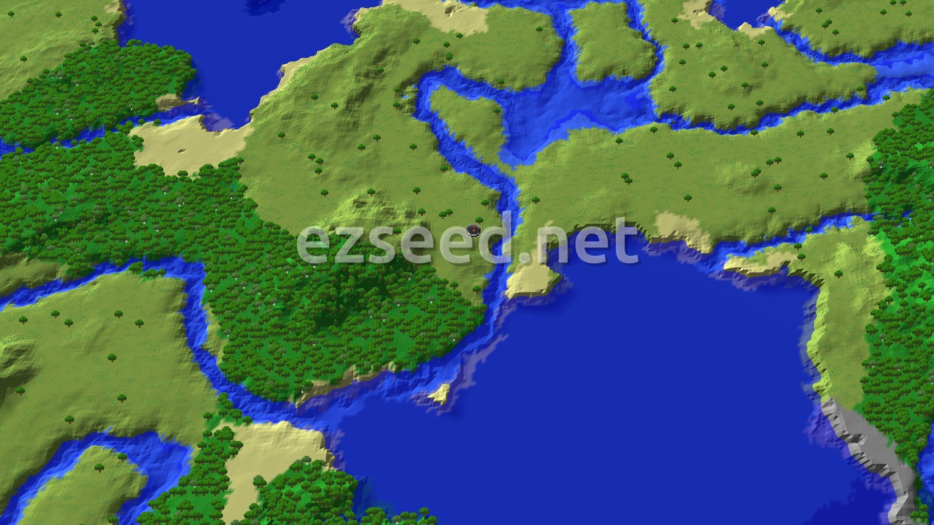 An overhead view of a diverse landscape with a spawn marker in a grassy area, surrounded by forests, rivers, and ocean.