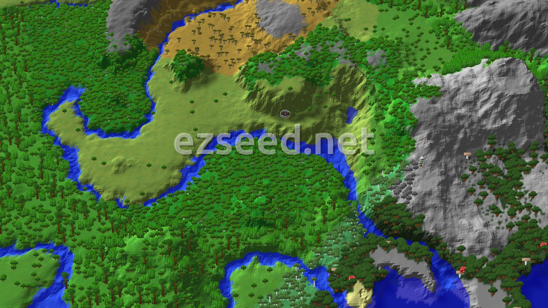 An aerial view of varied terrain around spawn, including a wide river, dense forests, savannas, and distant mountains.