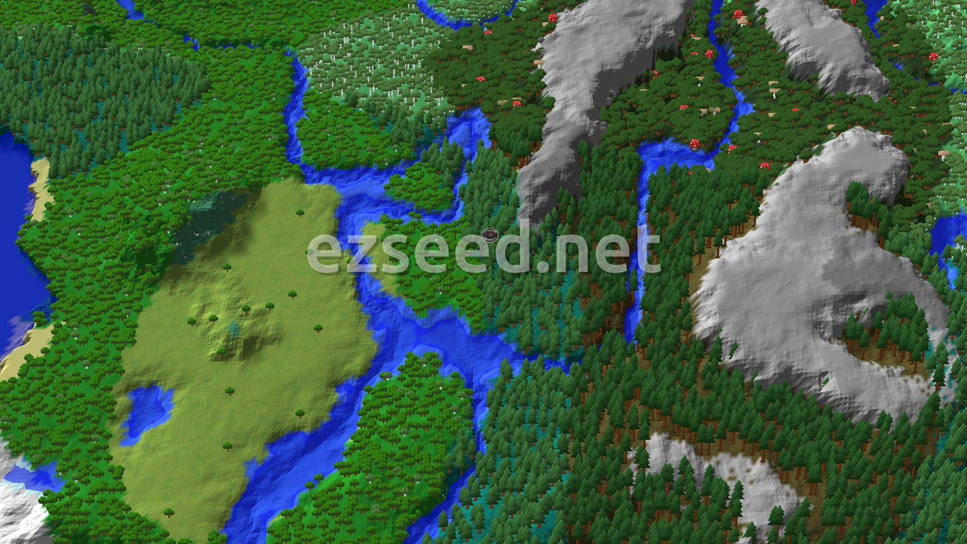 An aerial view of a mostly forested landscape with a central river system. The spawn point is marked within a dense taiga. To the east, some gray, rocky hills are visible, and to the west, a lighter green meadow biome meets a sandy beach and ocean.