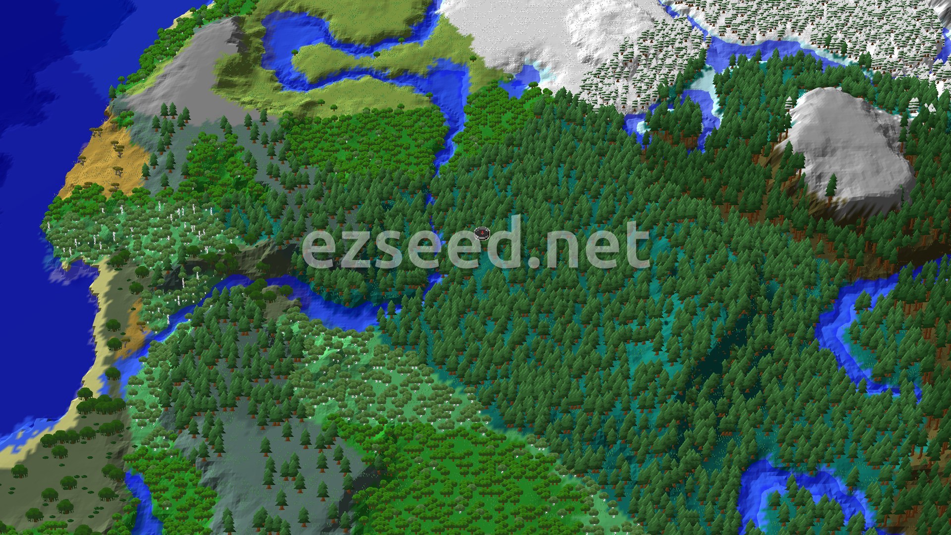 An aerial view of a dense forest with rivers, a snowy area, and a large body of water to the west, with a small spawn marker in the center.
