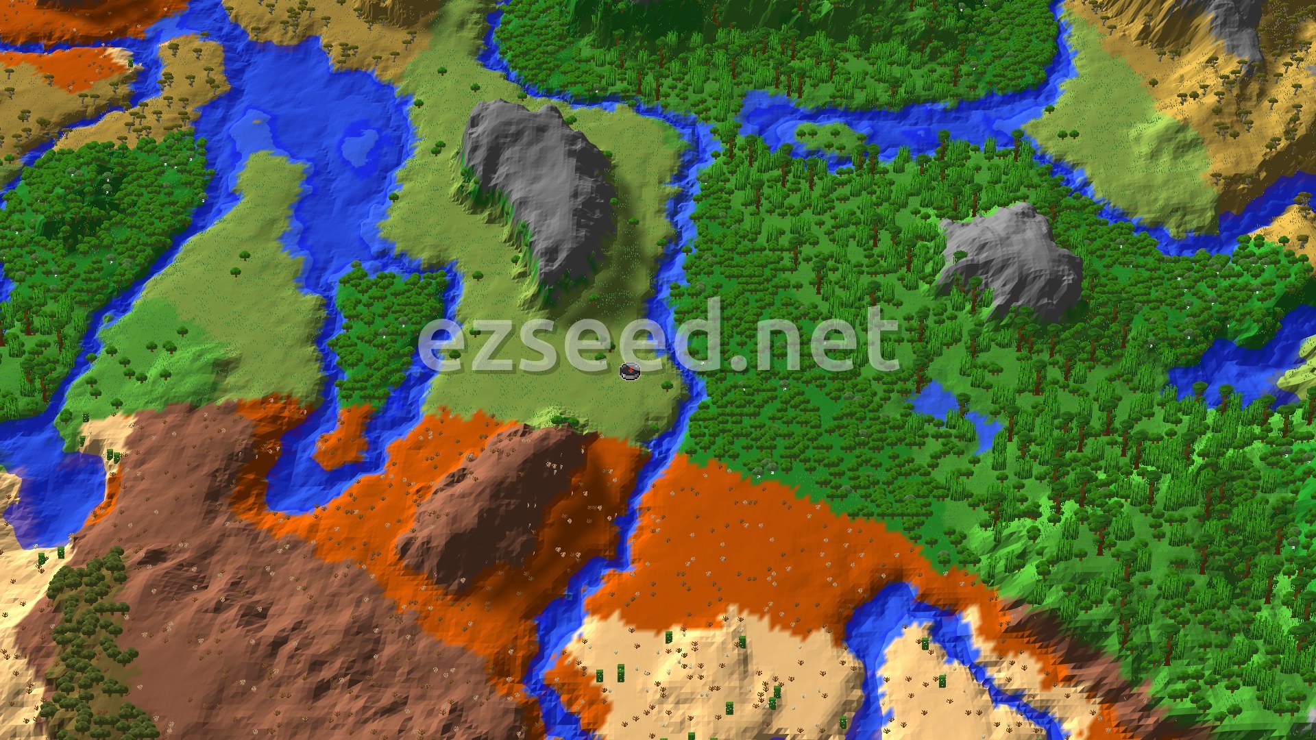 An overhead view of a diverse Minecraft landscape featuring a central spawn point in a plains biome, surrounded by forests, rivers, and rugged badlands terrain.
