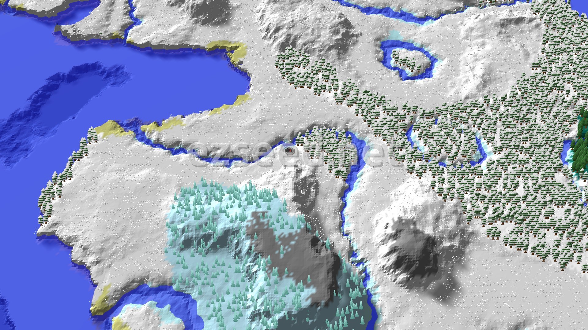 Aerial Minecraft seed map — Ice Spikes Near Spawn in a Snowy World