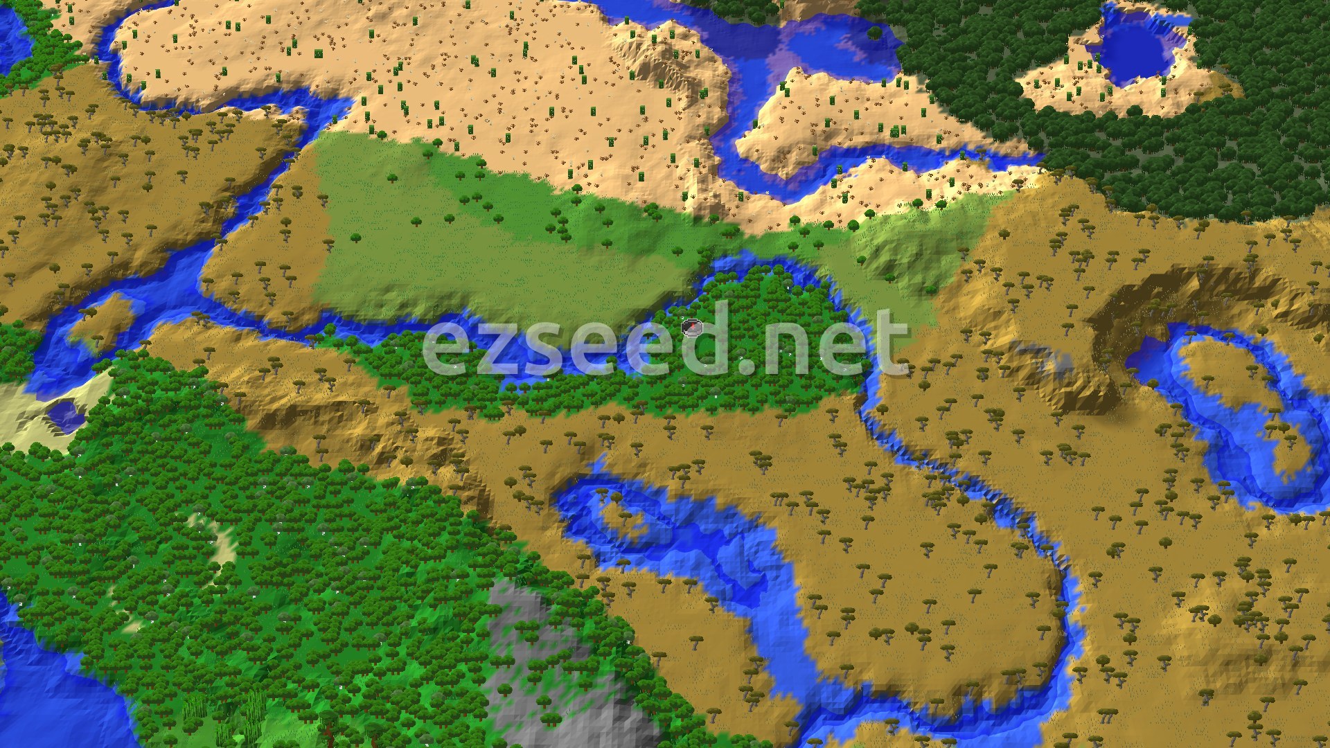 An overhead view of a diverse Minecraft landscape featuring a central forest area, flanked by a river, savanna, and desert biomes, with some rolling hills and water features.