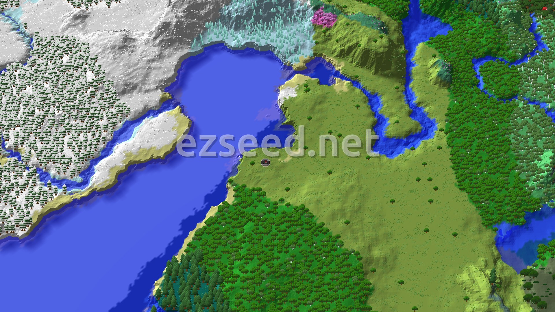 An overhead view of a flat plains biome at spawn, with forests and snowy biomes in the distance.