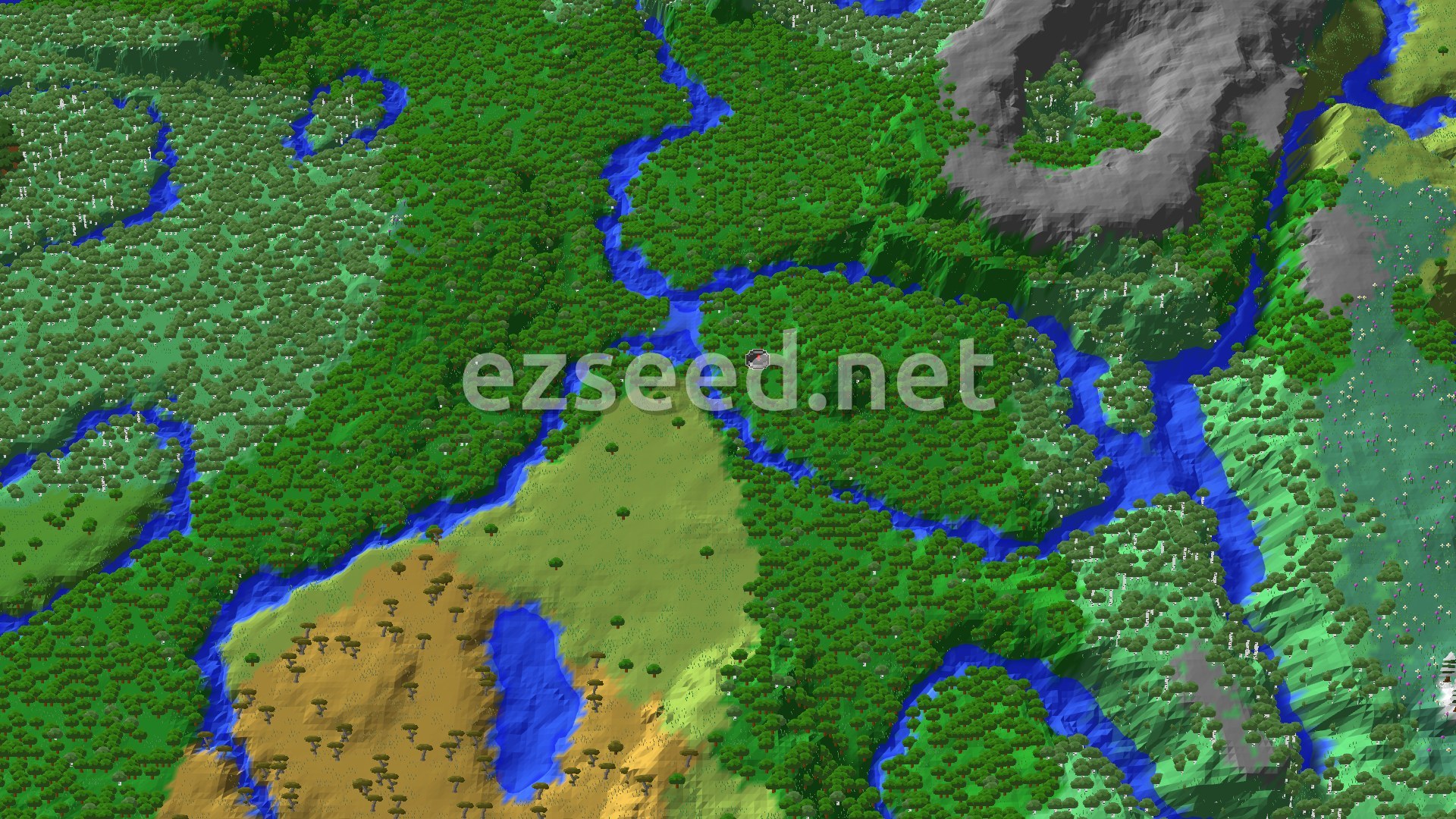 A 3D fly-over rendering of the seed's spawn area, showing dense forests, meandering rivers, a patch of plains, and distant hilly terrain.