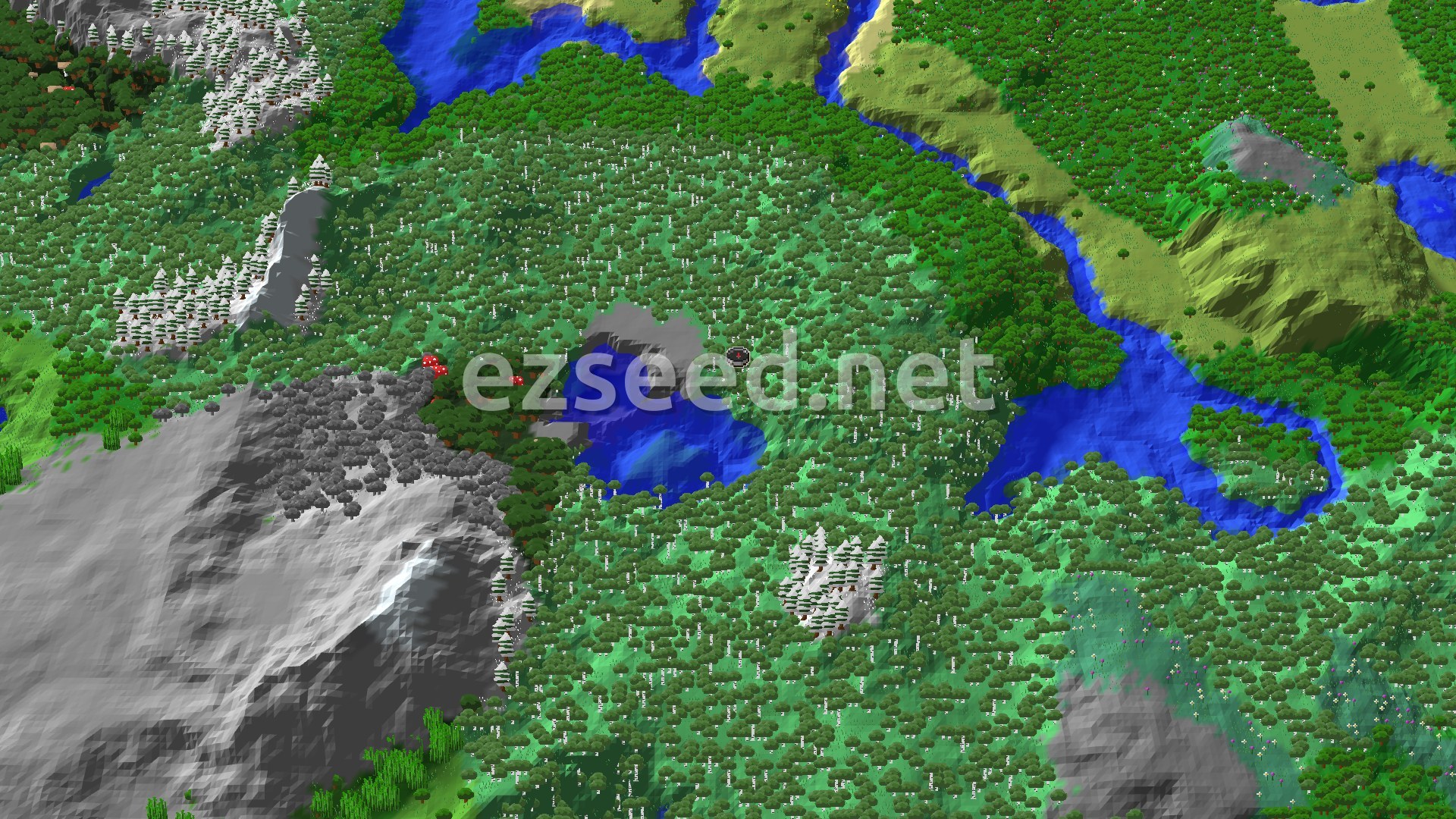 A 3D fly-over rendering of a Minecraft world, showing a dense forest of birch trees around a small lake and winding rivers. A snowy mountain range rises to the south, and rolling green hills are visible to the east. A small red marker indicates the spawn point in the center.