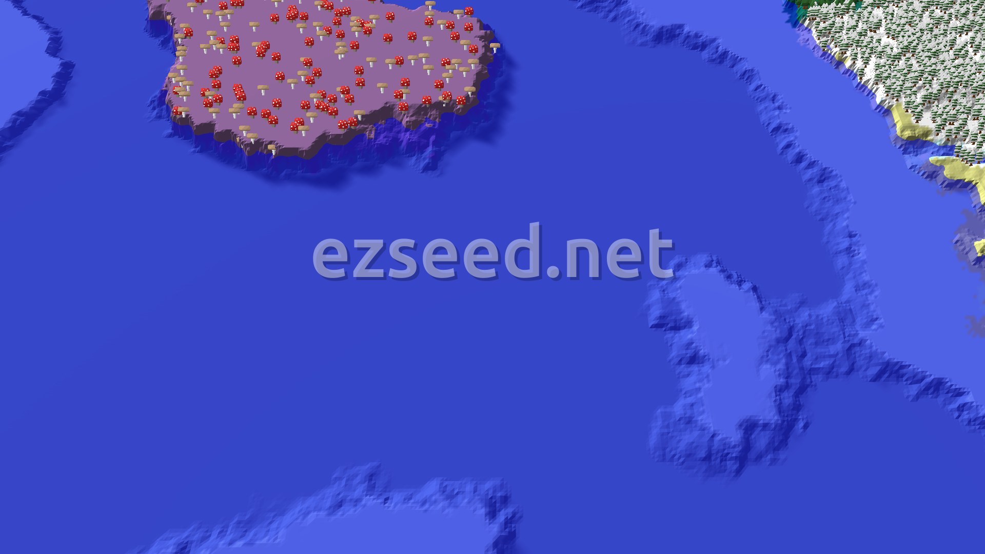 An overhead 3D view shows a vast blue ocean with a large purple mushroom fields island to the north-west and a snowy forest coastline to the north-east.