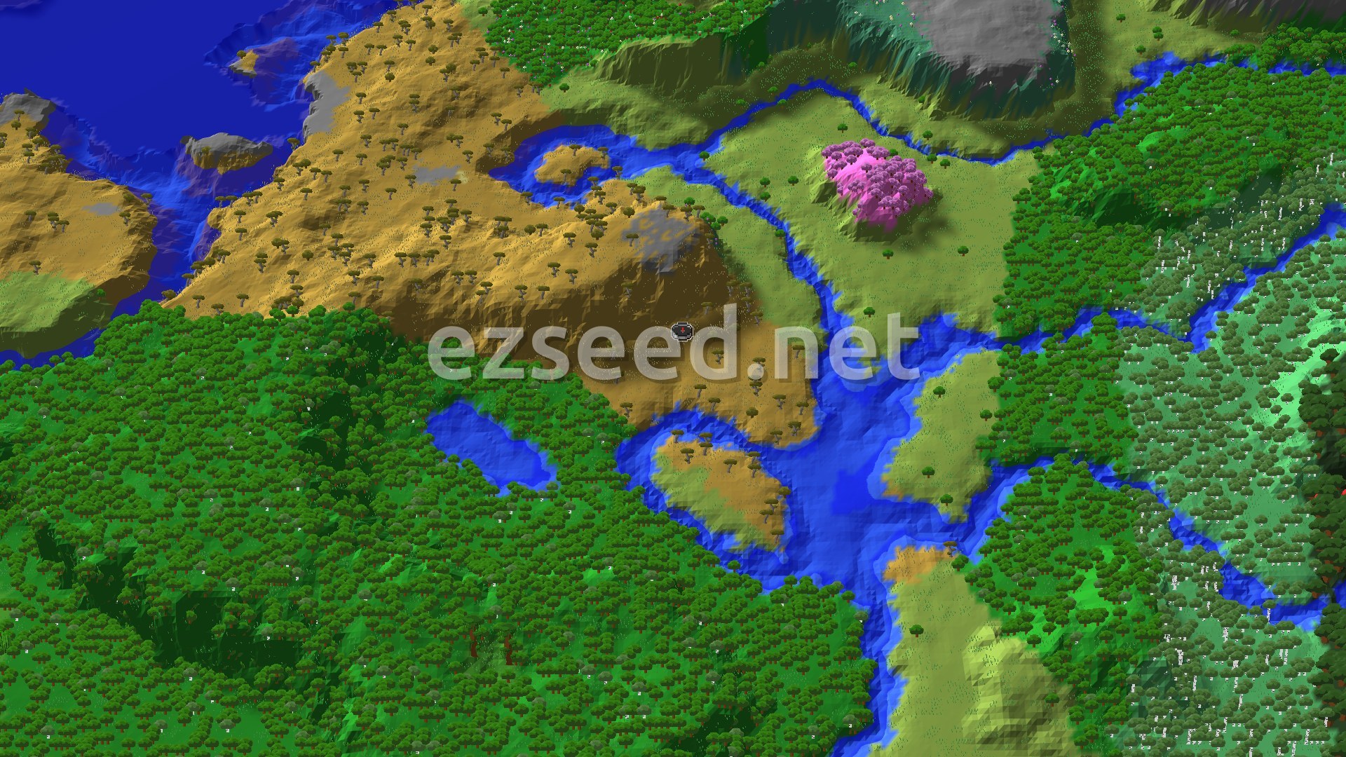 An aerial view of the spawn area, showing a mix of Savanna and Forest biomes, with rivers winding through, and a distinct pink Cherry Grove hill in the distance.