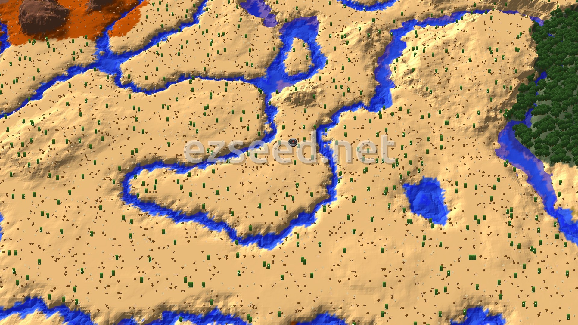 An aerial view of a mostly flat desert landscape with winding rivers and sparse greenery, and a hint of badlands terrain to the northwest.