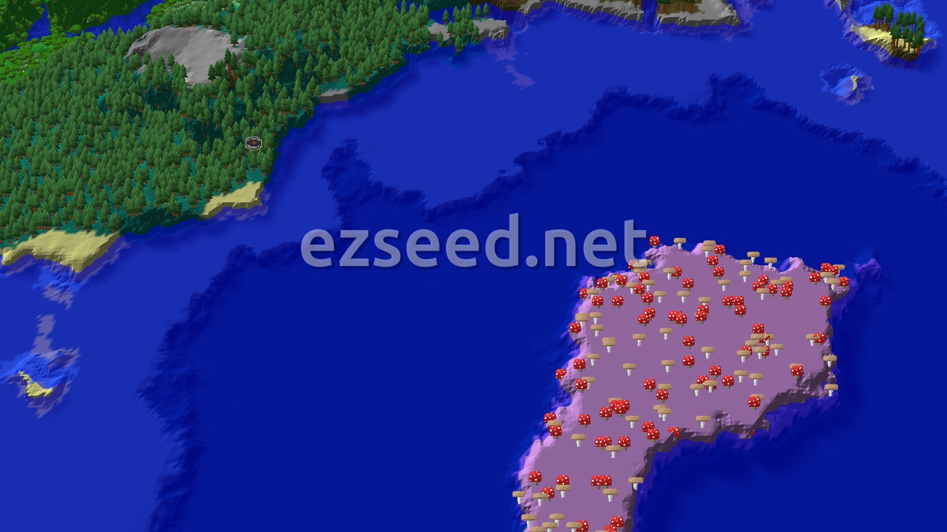 A 3D fly-over of a world, showing a dense taiga forest bordering a large ocean. A notable mushroom fields island with many red and brown mushrooms is visible across the water.