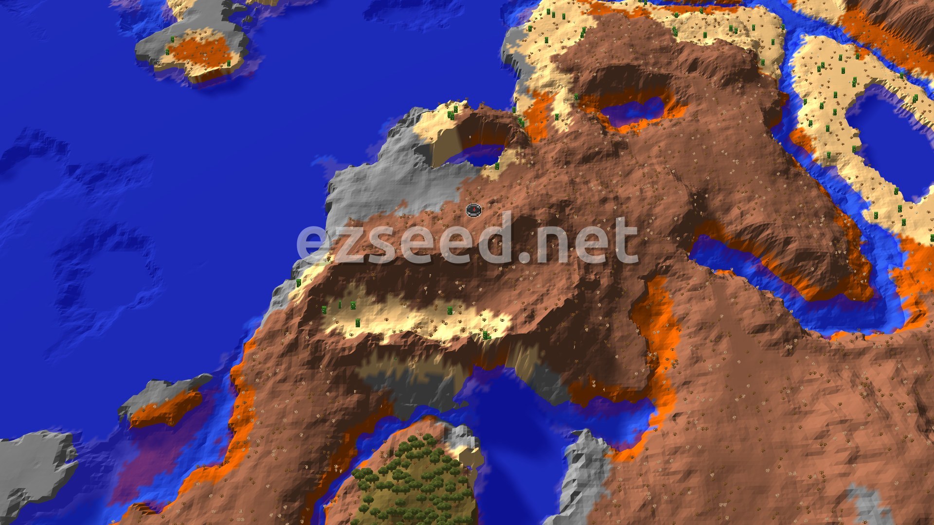 An aerial view shows a vast Badlands biome with reddish-brown earth and scattered cacti, bordered by deep blue oceans and some patches of lighter-colored desert and grey stony shores. A small spawn marker indicates the starting point on a plateau.