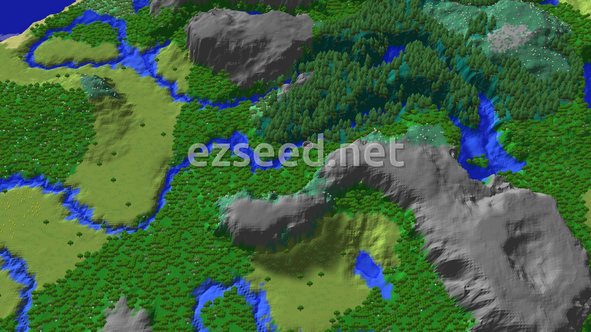 A 3D fly-over of a varied terrain featuring dense green forests, winding blue rivers, and some grey mountainous areas, with a small spawn marker in the center.