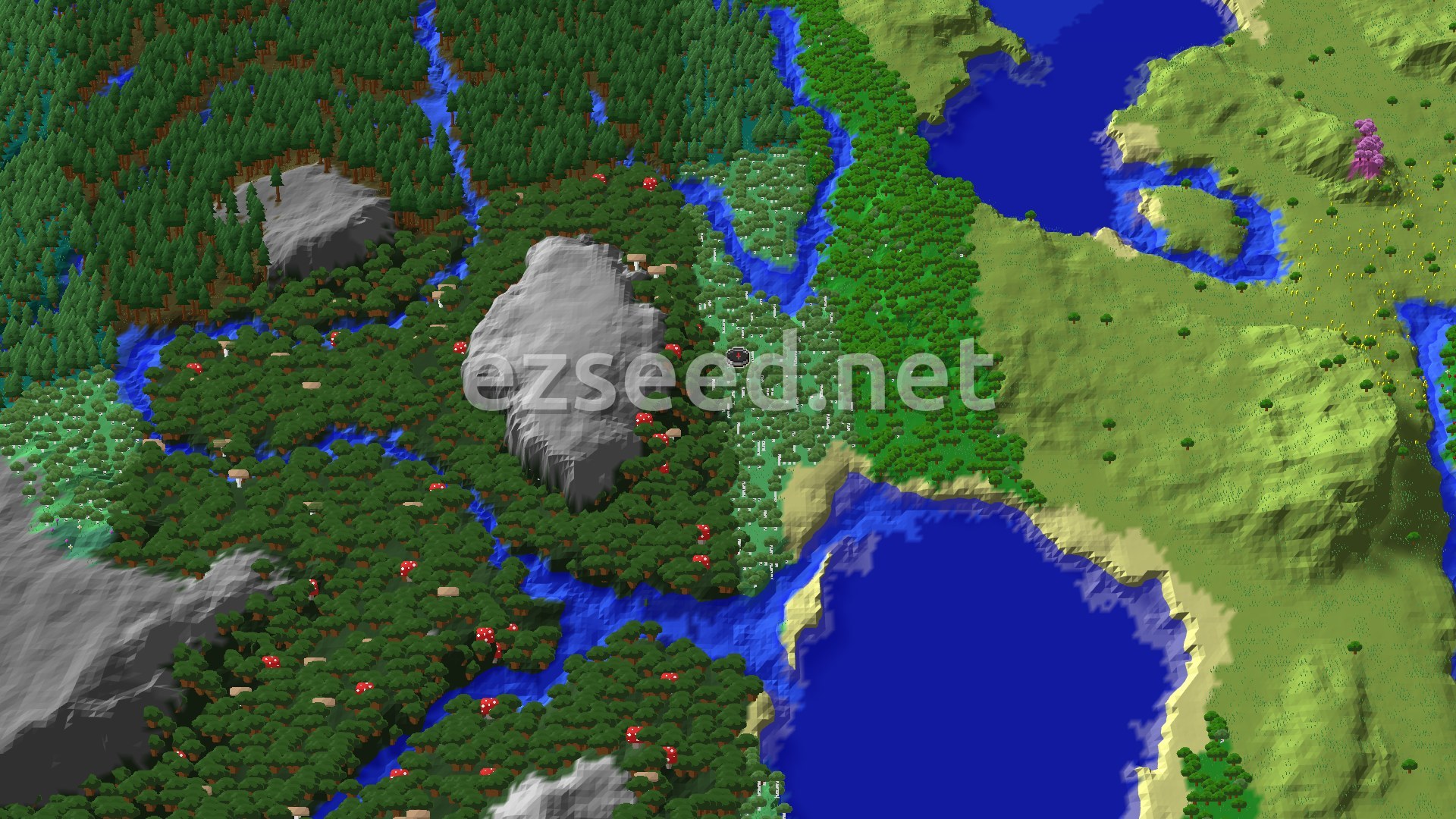 An overhead view of a diverse landscape featuring dense forests, a winding river, and a large body of water, with a small marker at the center indicating the spawn point.