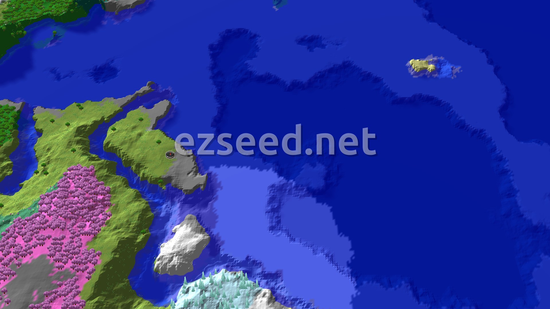 A bird's-eye view of a varied landscape, featuring a large body of deep blue water to the east, a stony shore and green plains around the spawn marker, and a distinct patch of pink-leaved trees to the southwest. Further south, white snowy peaks are visible.