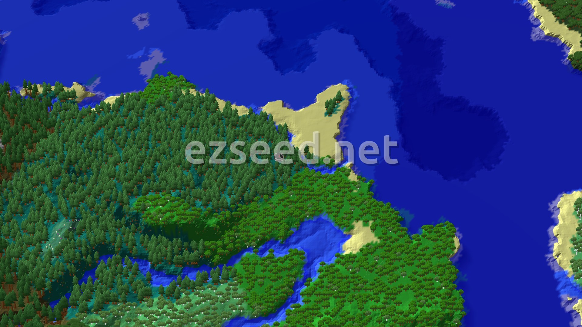 Aerial Minecraft seed map — Taiga Spawn with Nearby Abandoned Village