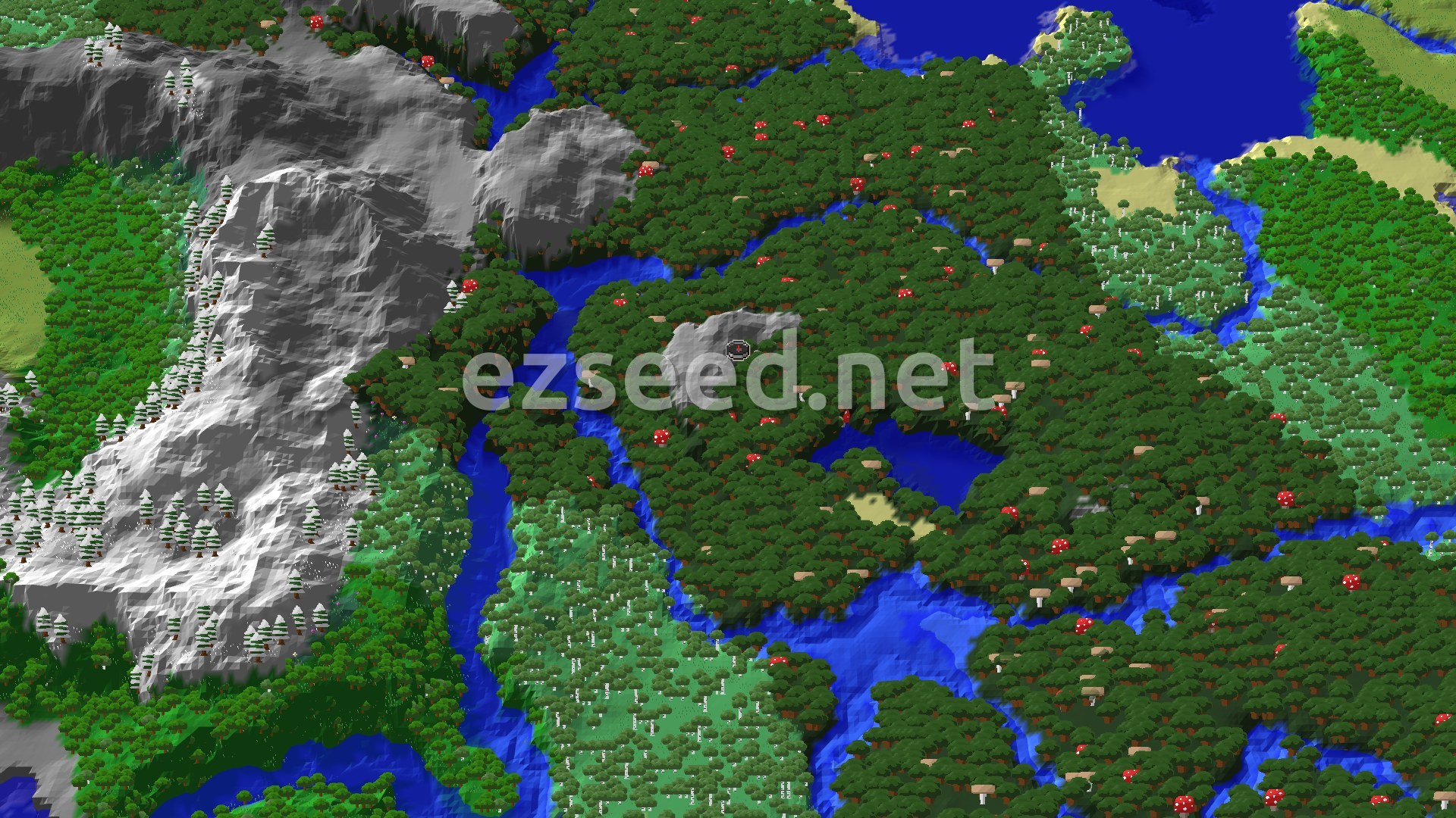 A bird's-eye view of a Dark Forest biome with tall, dark trees and red mushrooms, bordered by a vast, grey, snow-capped mountain range to the west and a winding river system with lighter green forests and some small sandy beaches.