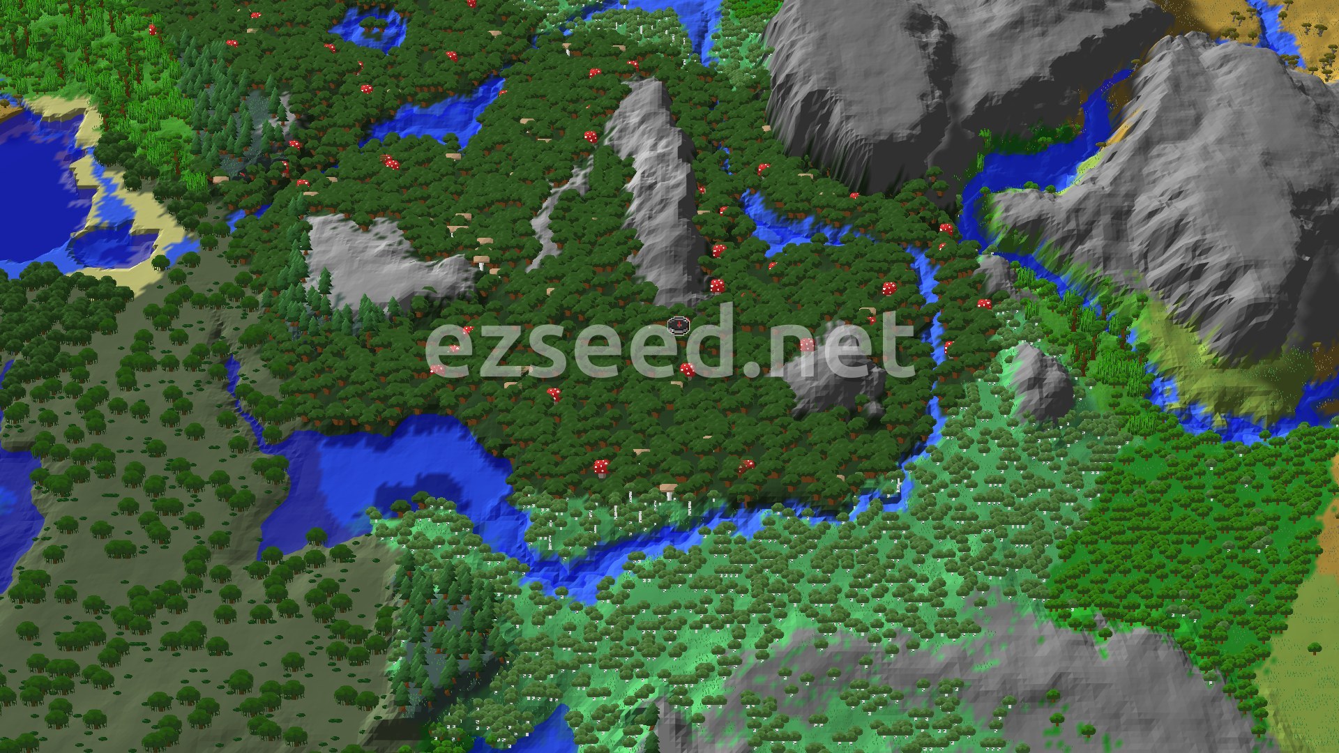 An overhead 3D view of a Minecraft world, showing a dense Dark Forest biome with dark oak trees and red mushrooms, bordering a river and some gray, rocky mountains. A small spawn marker is visible in the center.