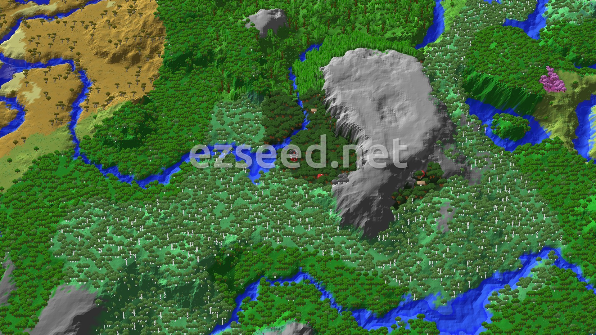 An aerial view of varied terrain with dense forests, including a Dark Forest spawn, a large grey mountain, a flowing river, and a distant savanna.