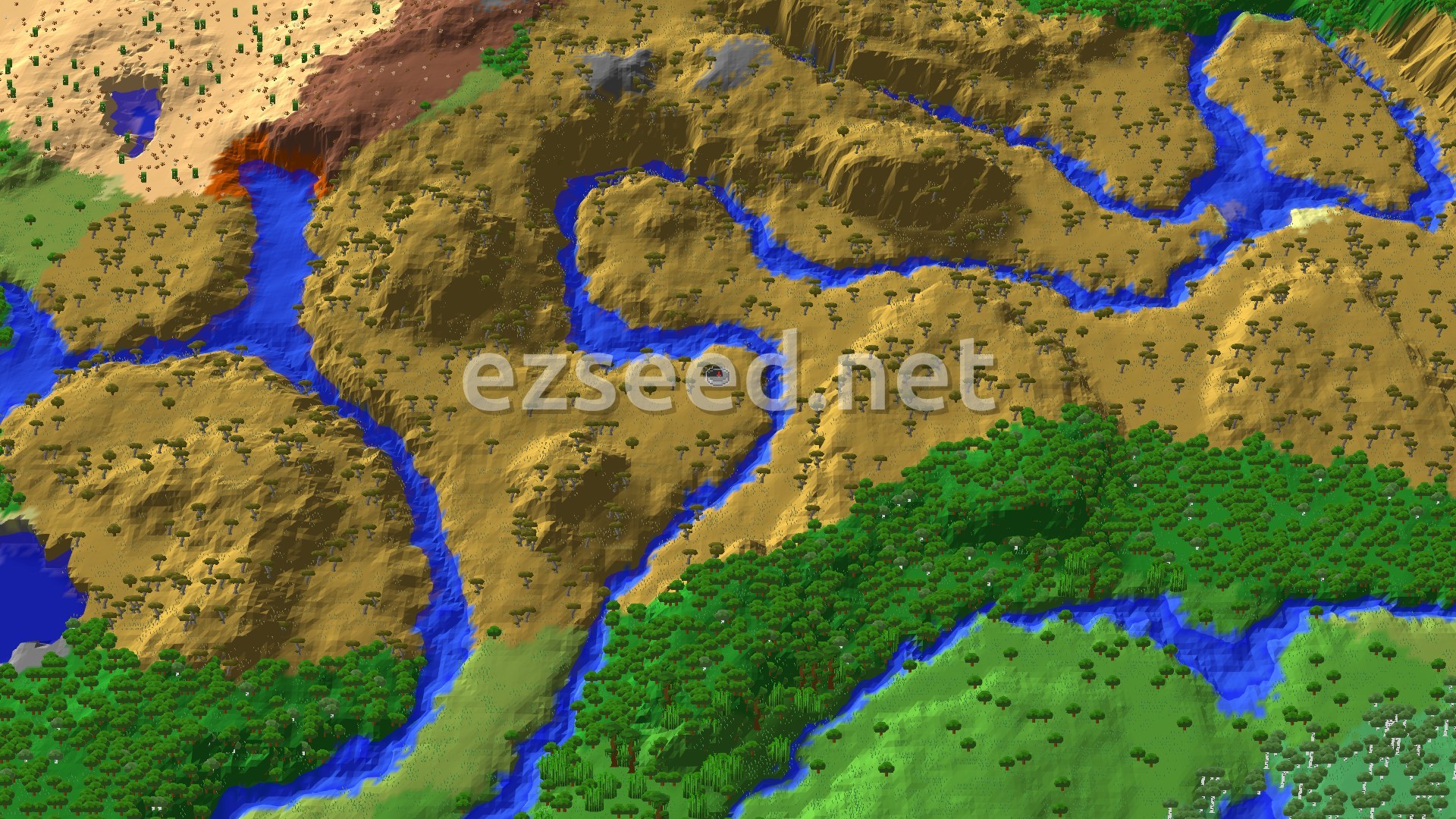 An aerial view of a varied landscape, with a winding river cutting through savanna hills and dense forests. A desert biome is visible in the distance.