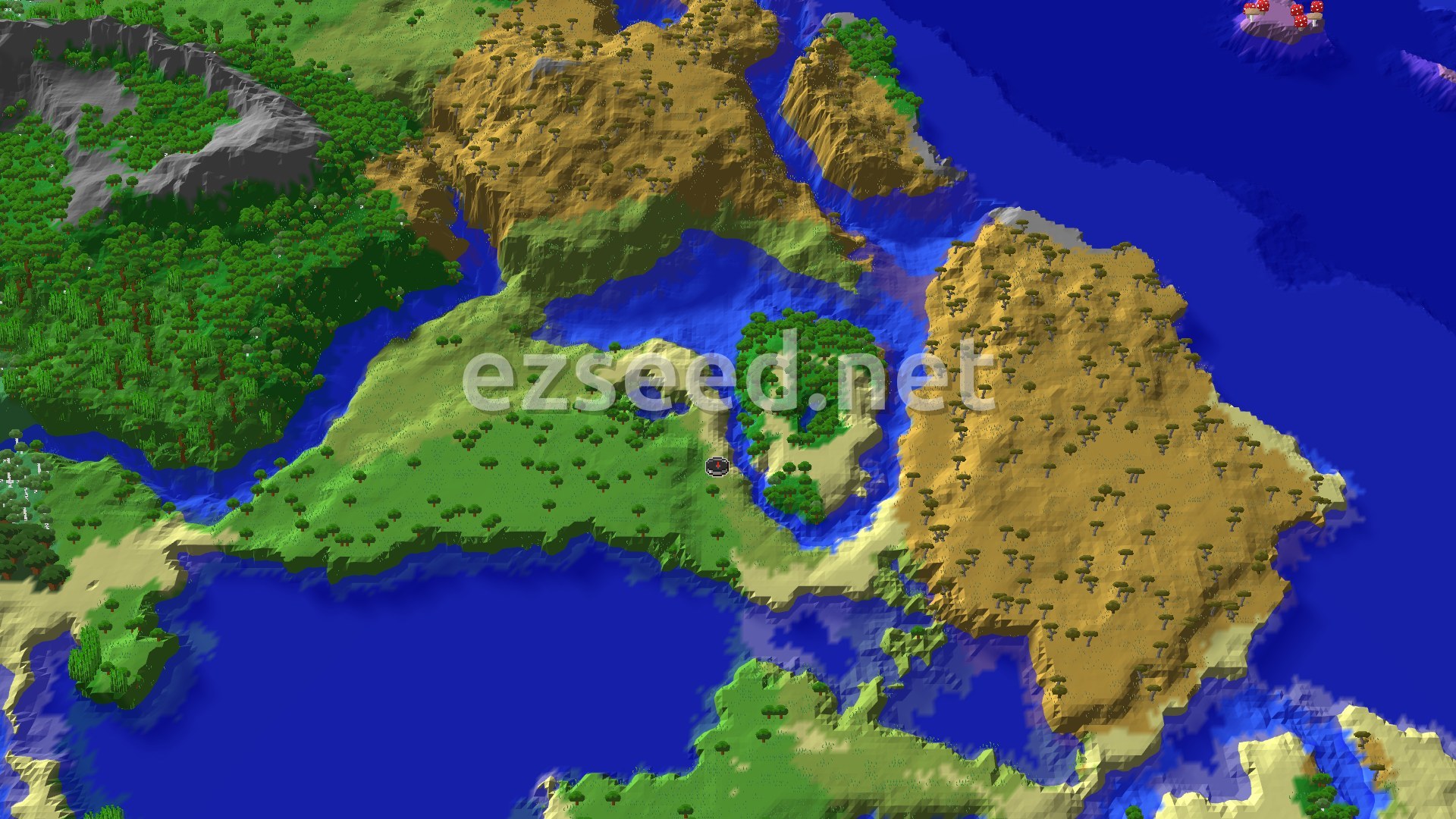 A 3D overhead view of a diverse Minecraft world, showing a mix of green plains and forests, sandy savannas, and blue oceans, with a small marker at the spawn point.