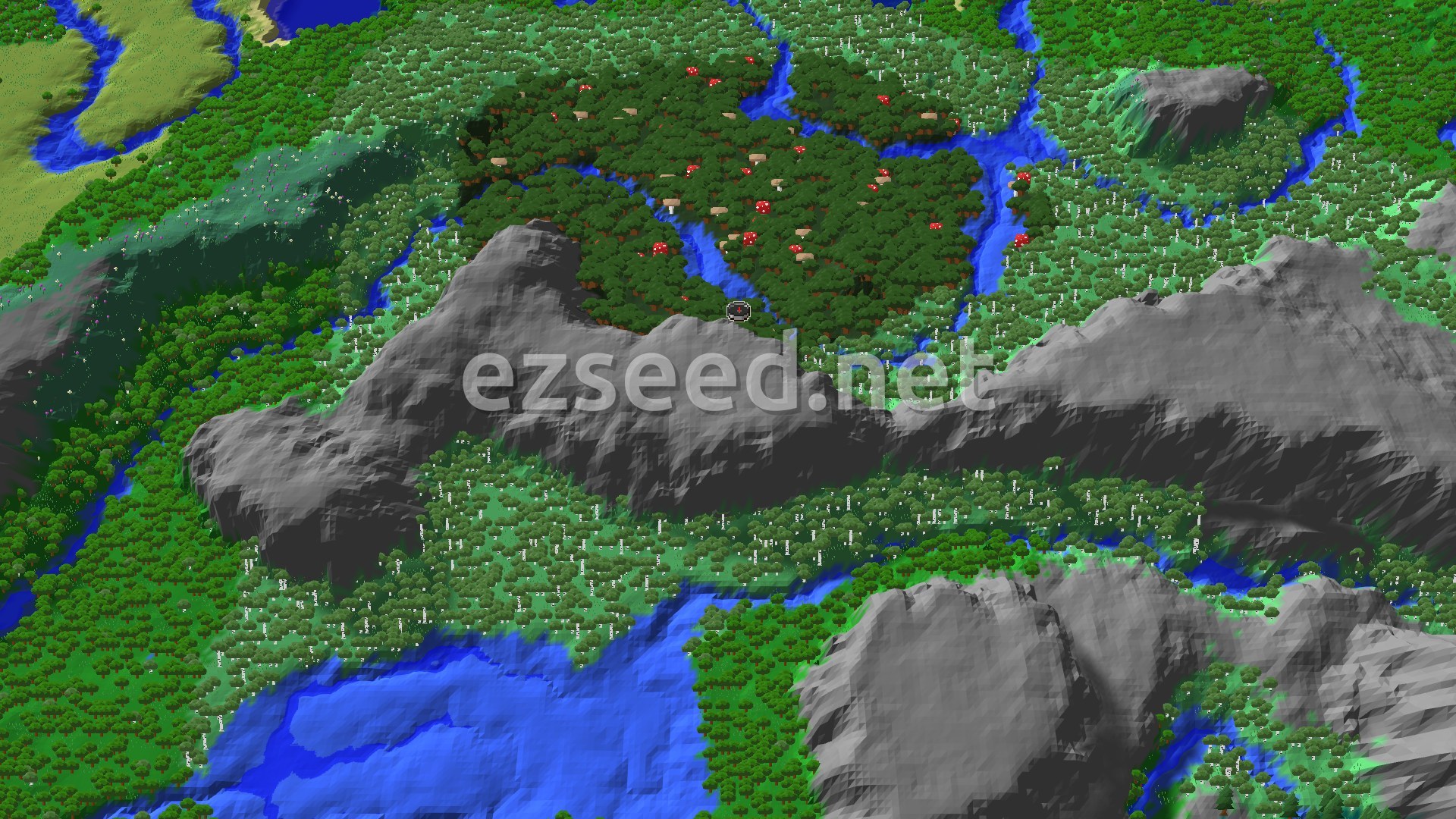 An aerial view of a dense Dark Forest biome with dark oak trees and red mushrooms, surrounded by lighter green forests and winding blue rivers, with a few gray mountainous areas.