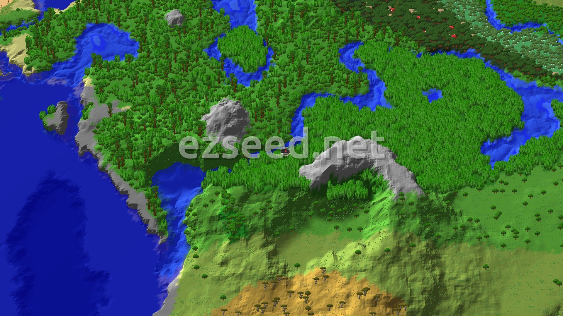 A bird's-eye view of a dense bamboo jungle, interspersed with taller jungle trees and a winding river.