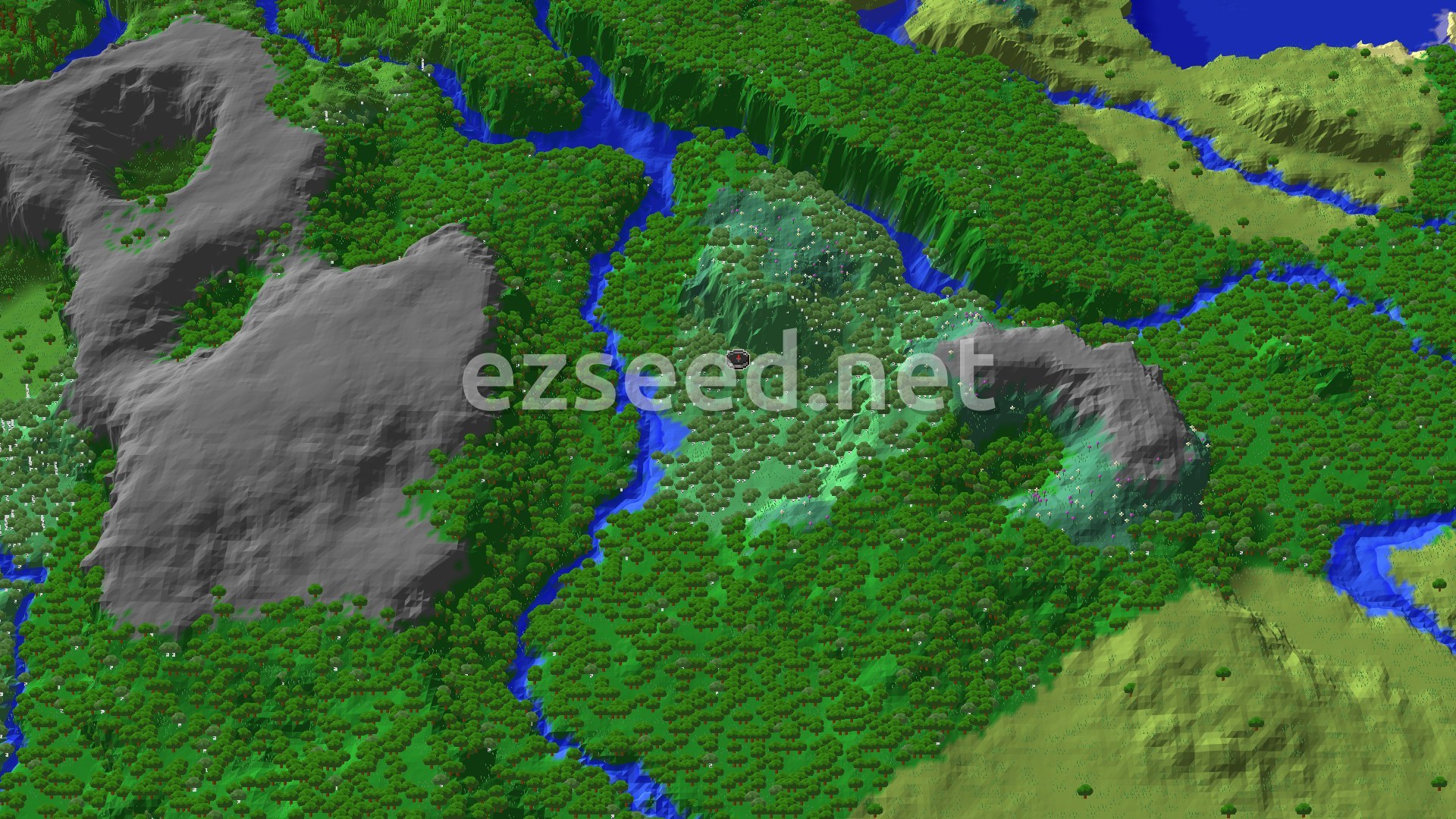 A bird's-eye view of a vast forest landscape with a winding river, flanked by a large grey mountain to the west and smaller hills to the east, with a spawn marker in the center of the forest.
