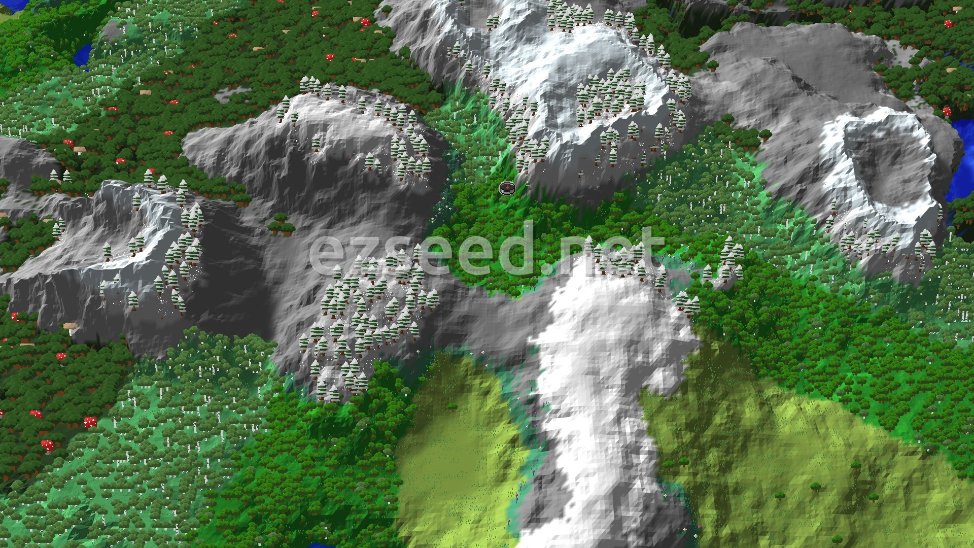 A 3D fly-over of a forest valley with a small spawn marker, surrounded by hills and mountains, with some snow-capped peaks in the distance and dark forest trees on the slopes.