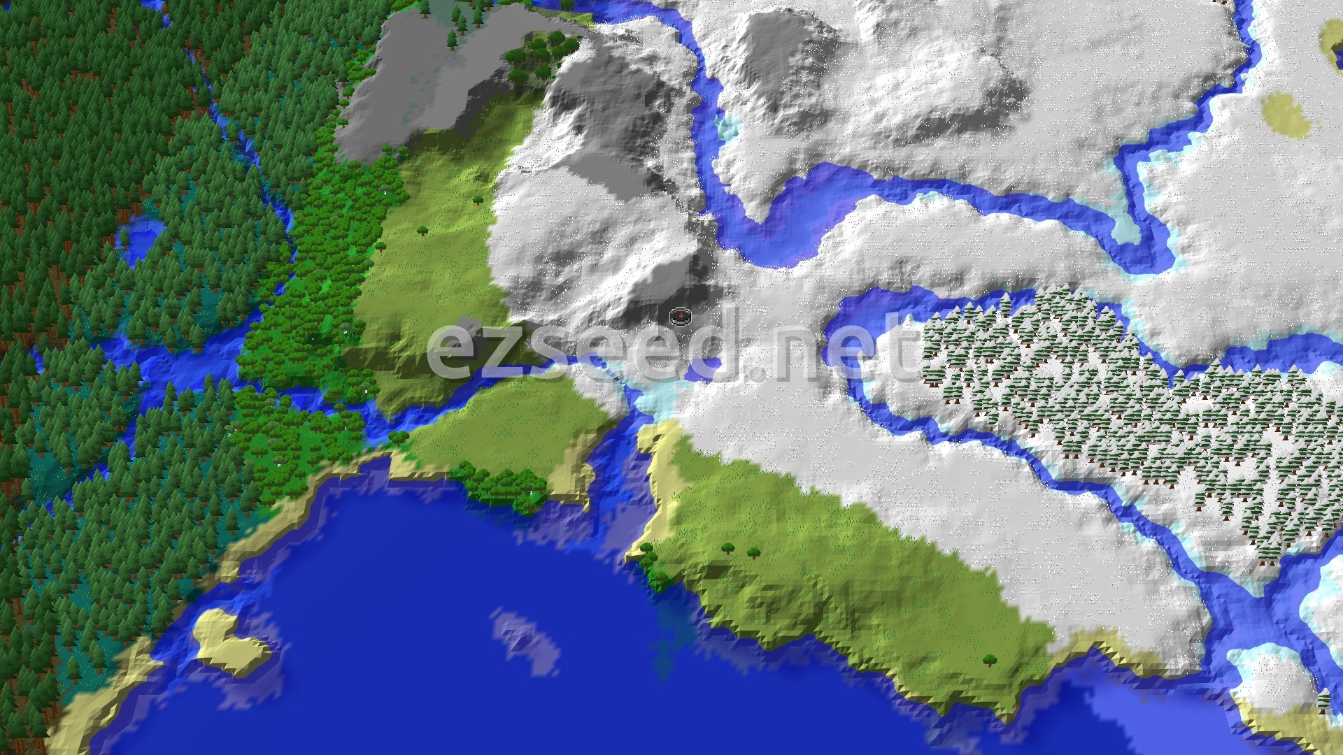 An overhead view of a diverse landscape with snowy mountains, forests, rivers, and a coastline with beaches. A small spawn marker is visible near the center.