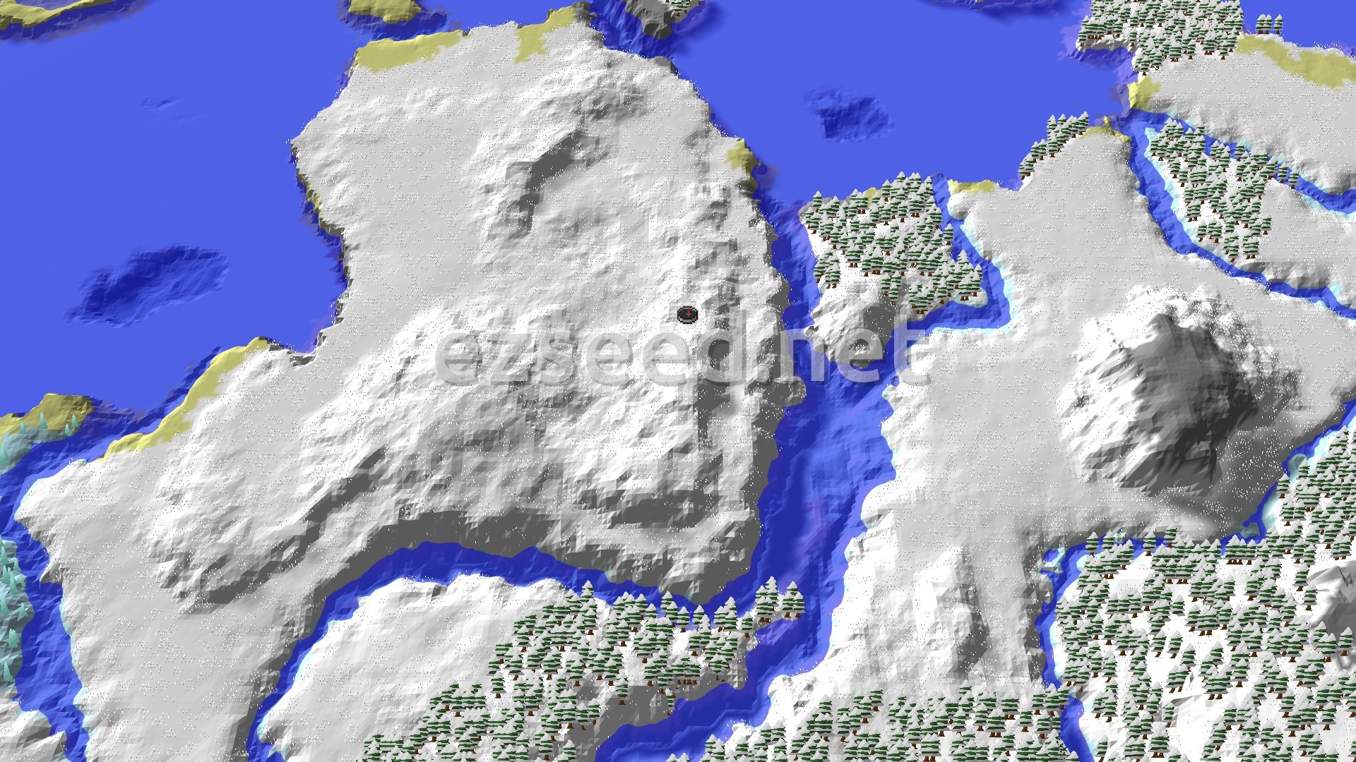 An overhead view of a snow-covered landscape, featuring plains, frozen rivers, and dense taiga forests, with a small spawn marker in the center.