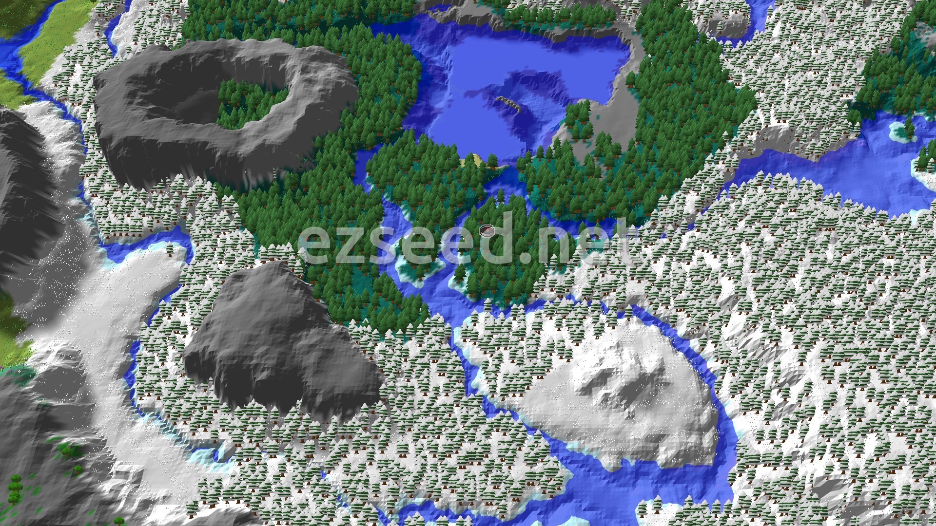 An overhead view of a cold, snowy landscape with dense taiga forests, scattered snowy plains, and several winding frozen rivers. The land features rolling hills and some steeper, rocky terrain, with a large, deep blue lake surrounded by forest in the upper center.