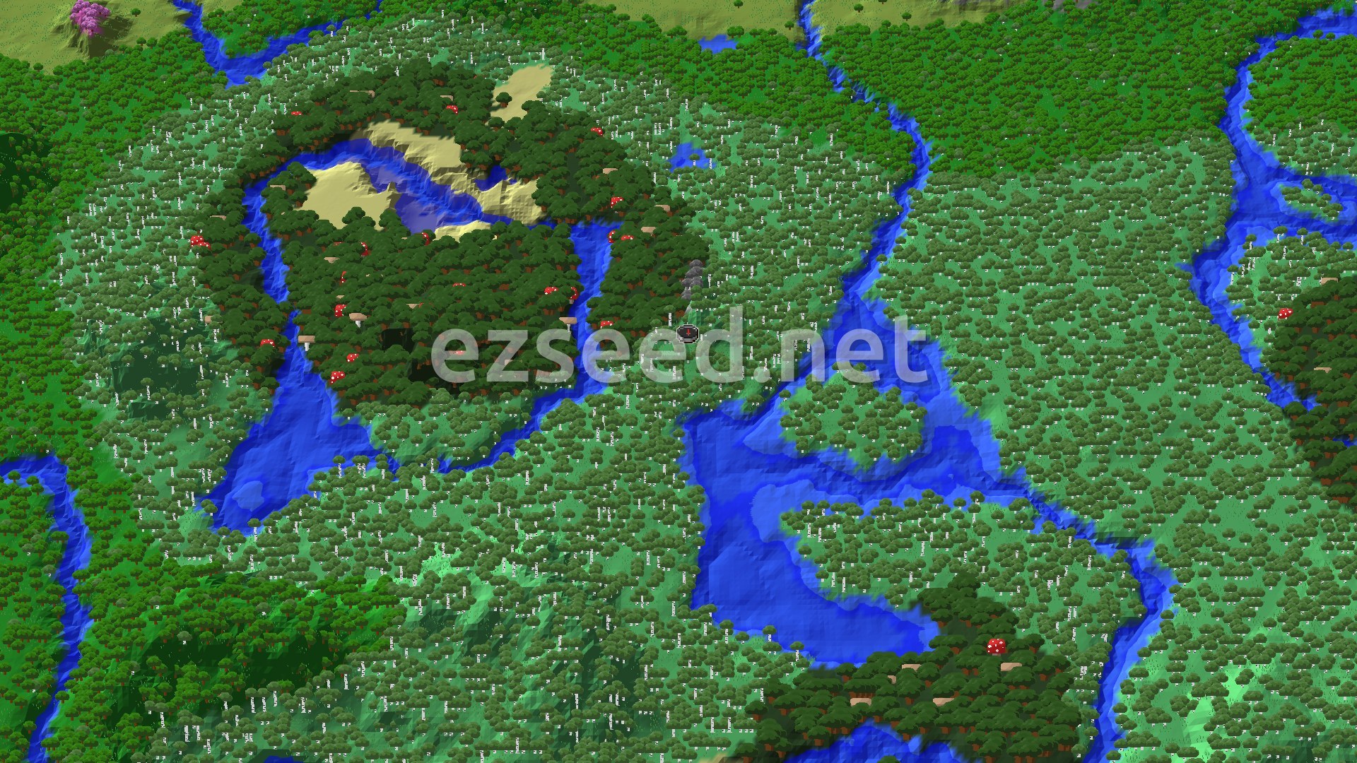An overhead 3D view of a heavily forested landscape with winding rivers and a prominent sandy area, with a small spawn marker in the center.