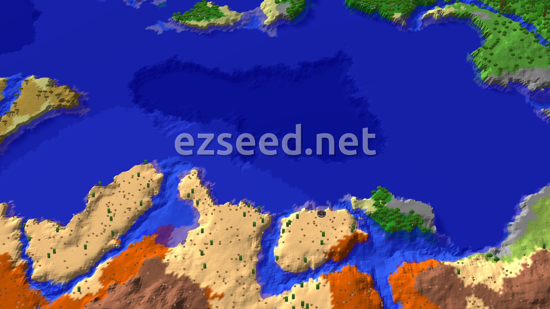 A 3D fly-over of a desert island with scattered green cacti, surrounded by deep blue ocean. The island sits next to an orange badlands biome.