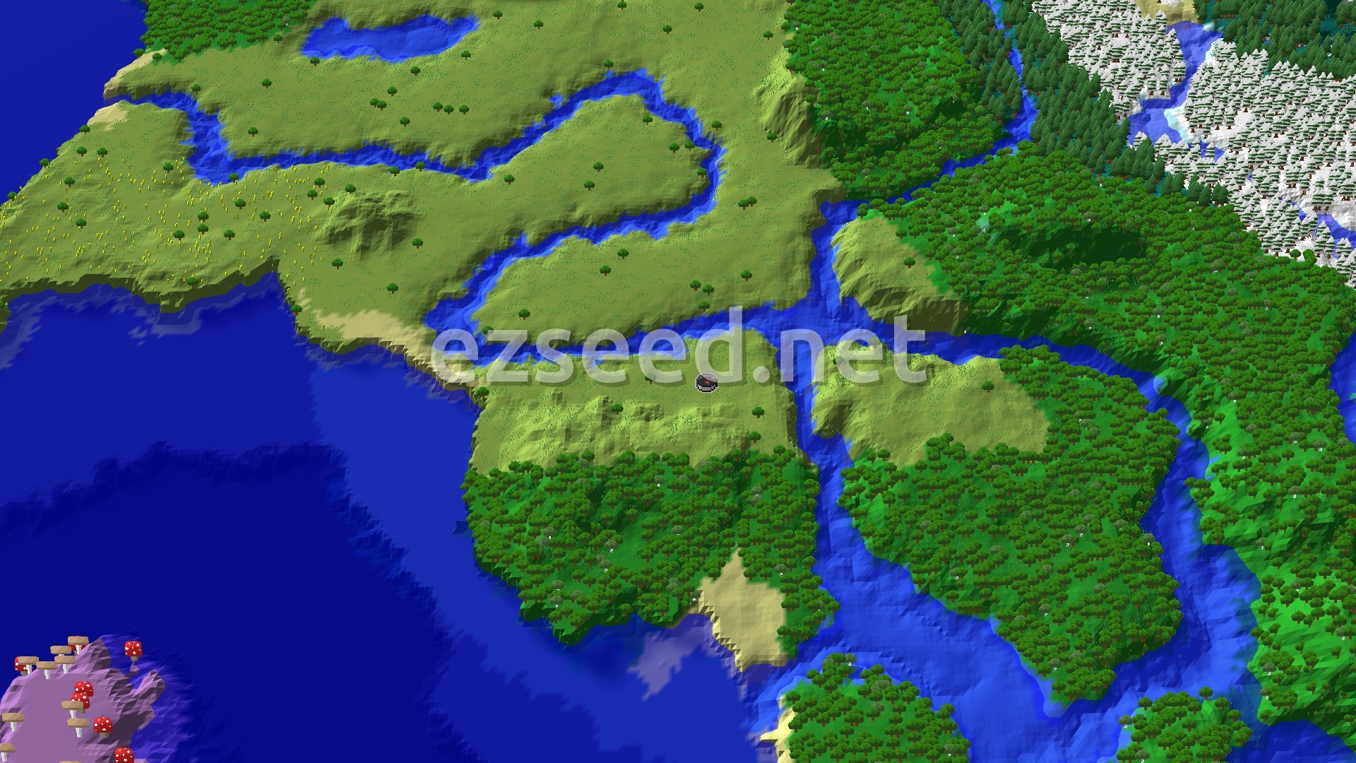 A 3D fly-over of a plains and forest landscape, with a river winding through, leading to an ocean with a distinct mushroom fields island in the distance.