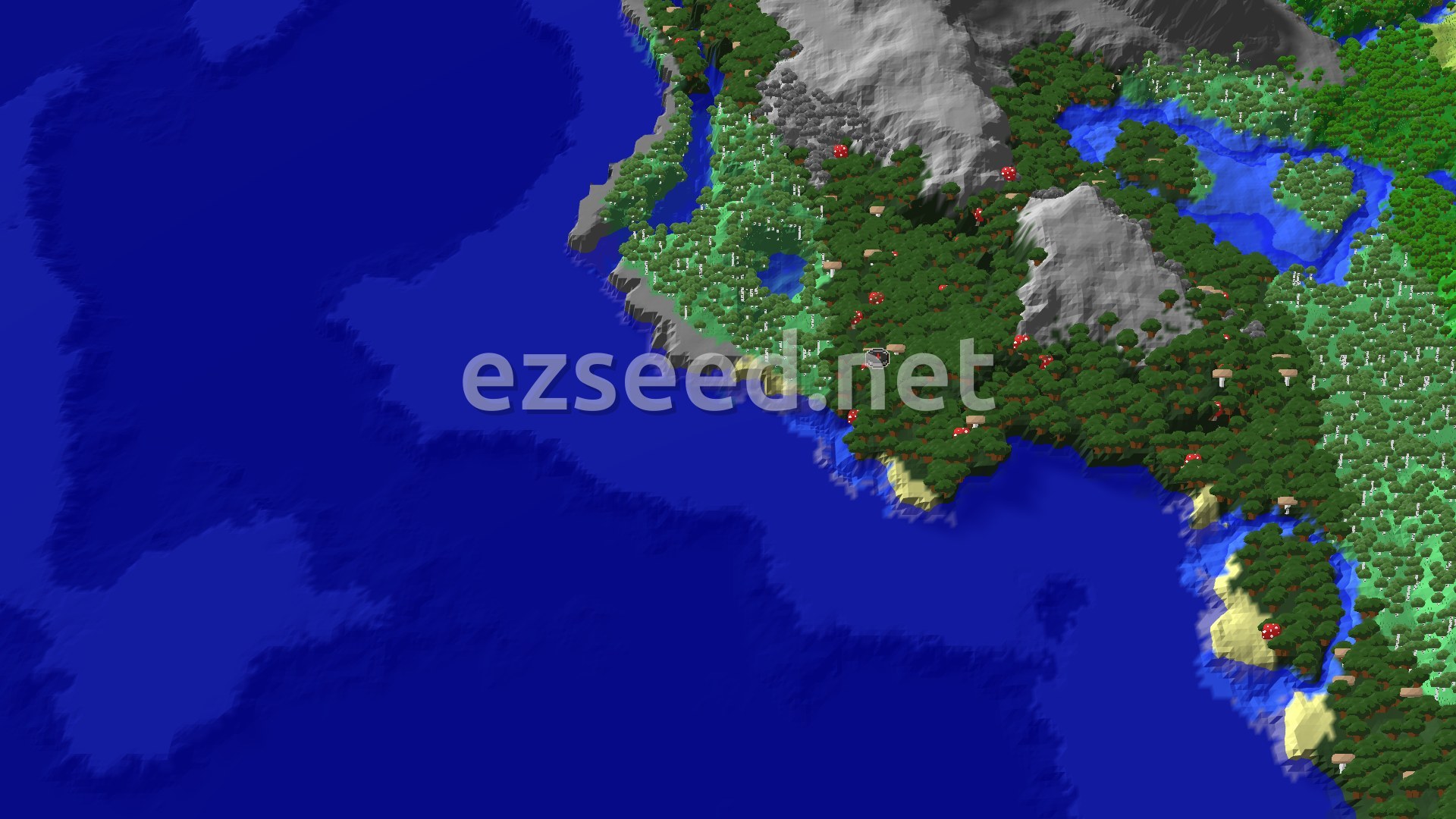 An aerial view of a varied landscape, showing a dark forest with large mushrooms and tall trees, a river, birch forests, and a grey mountainous area, all bordering a vast blue ocean.