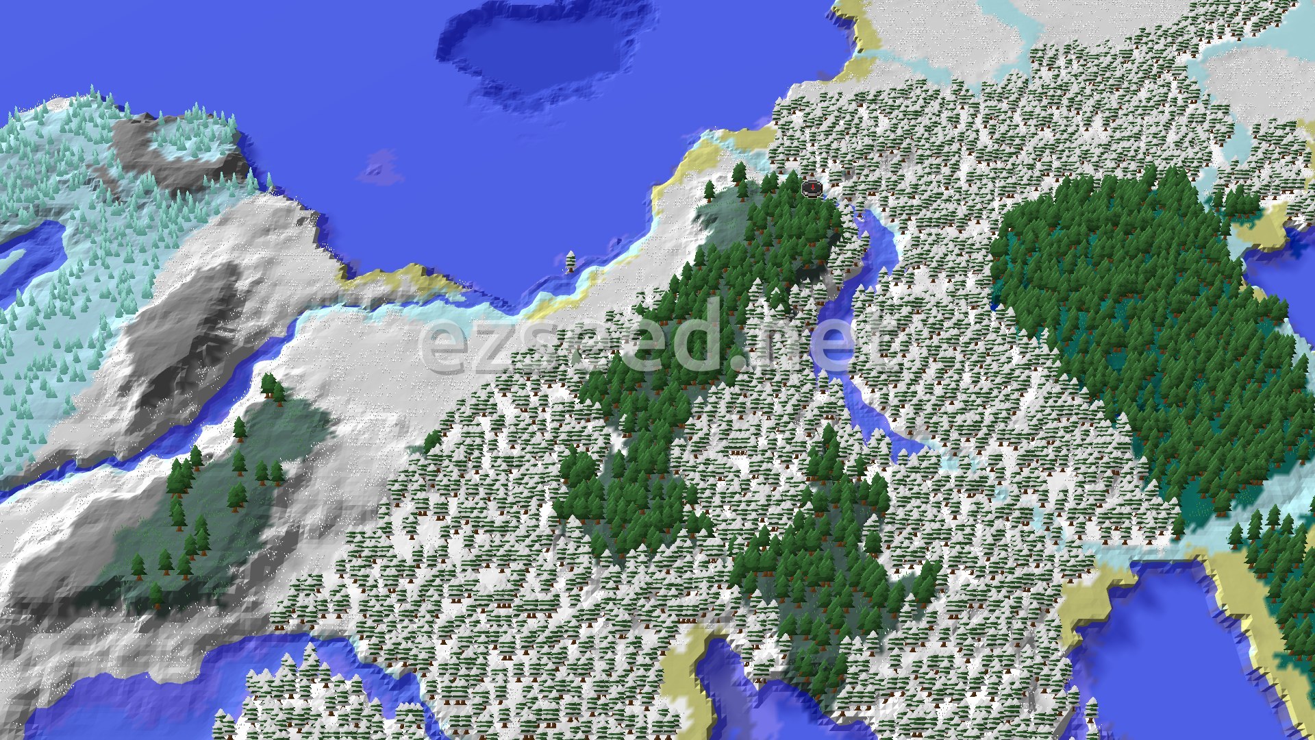 An aerial view of a snowy landscape featuring a mix of evergreen forests, frozen rivers, and a large frozen ocean with scattered ice.