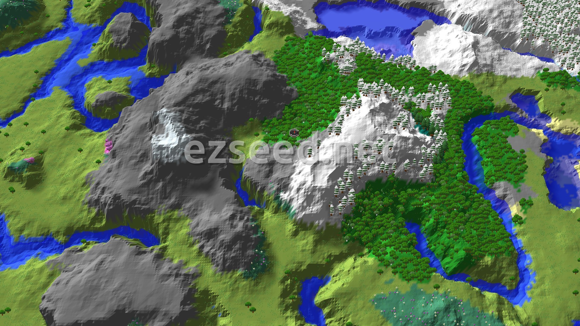 A 3D fly-over of a varied landscape, showing a central forested area with snow-capped mountains and rocky peaks to the east and west, and winding rivers cutting through plains and hills.