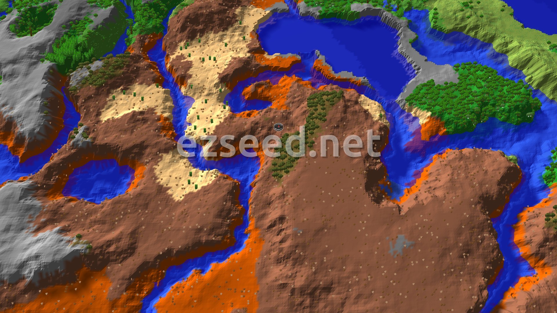Aerial Minecraft seed map — Wooded Badlands with Nearby Jungle and Desert