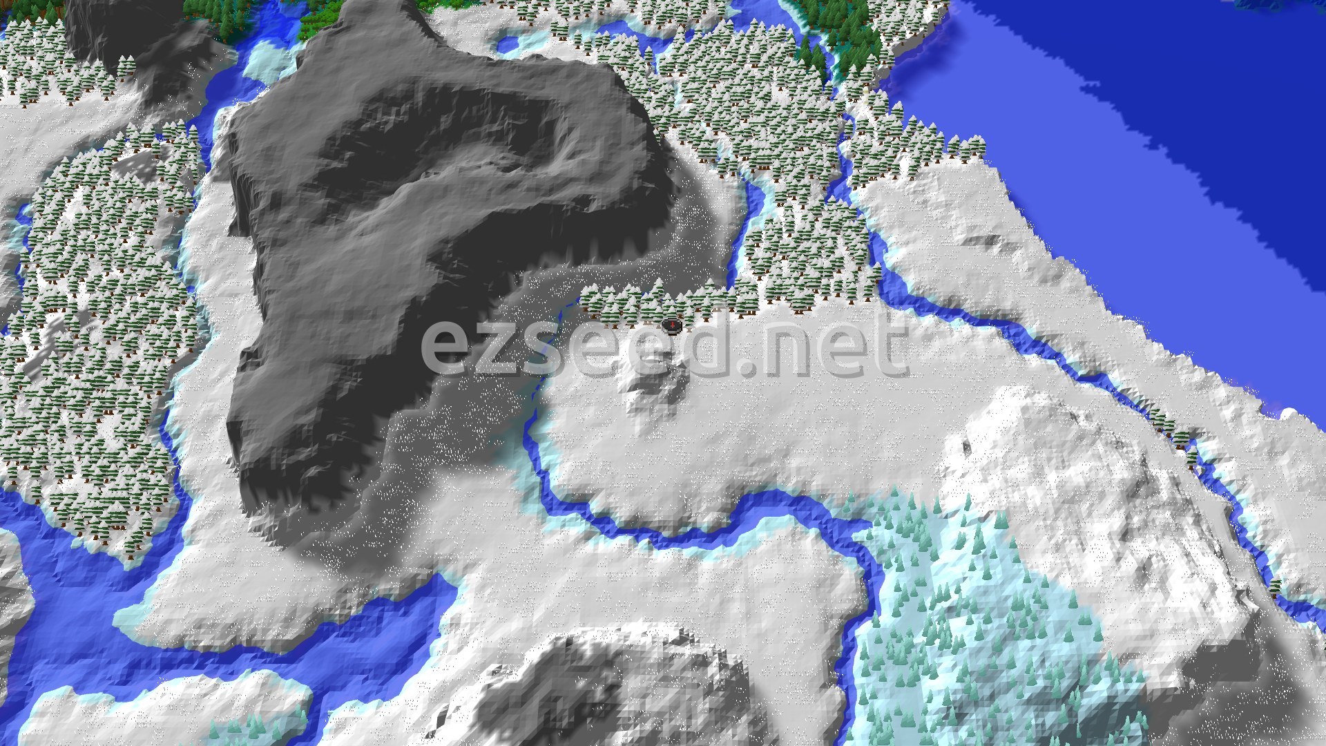 An overhead 3D view of a snow-covered landscape with a central marker, showing snowy plains, taiga forests, and a large grey mountain range to the west, with a frozen river winding through it all.