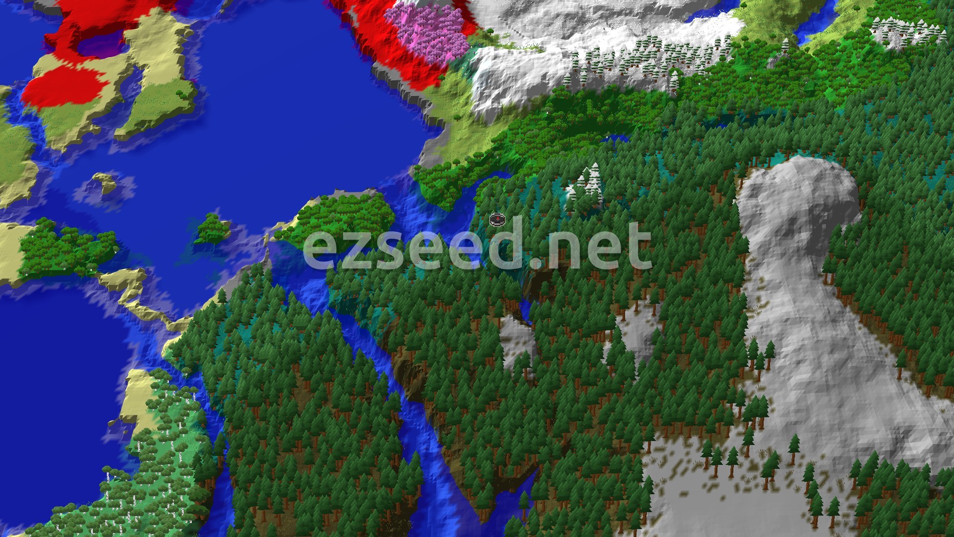 An aerial view of a Taiga biome with a prominent lake, surrounded by various forest types and snowy slopes.