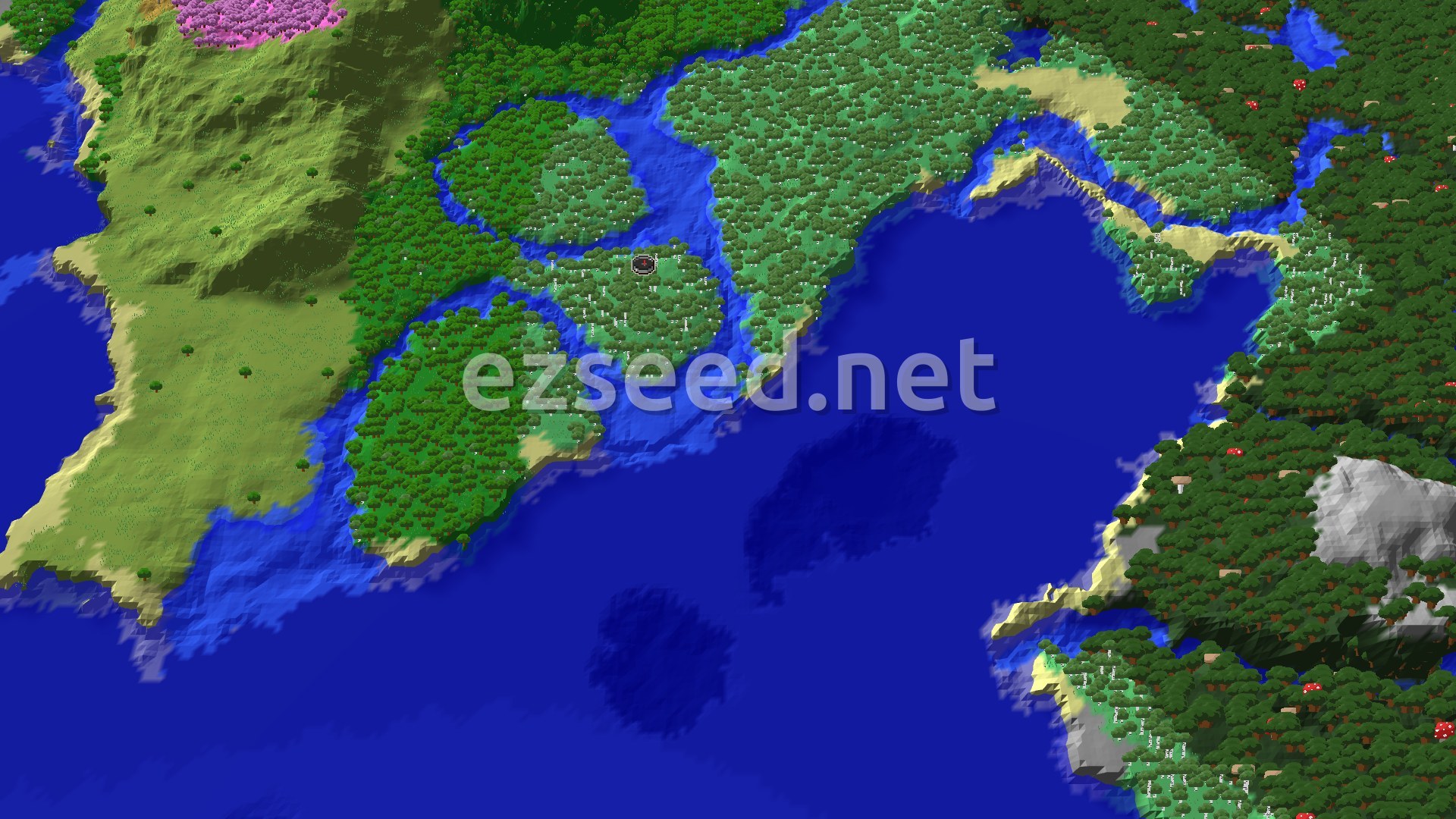 A 3D fly-over of a varied landscape, featuring dense forests, a winding river, and a large ocean. The terrain includes some rolling hills and coastal beaches. A pink-hued biome is visible in the upper left.