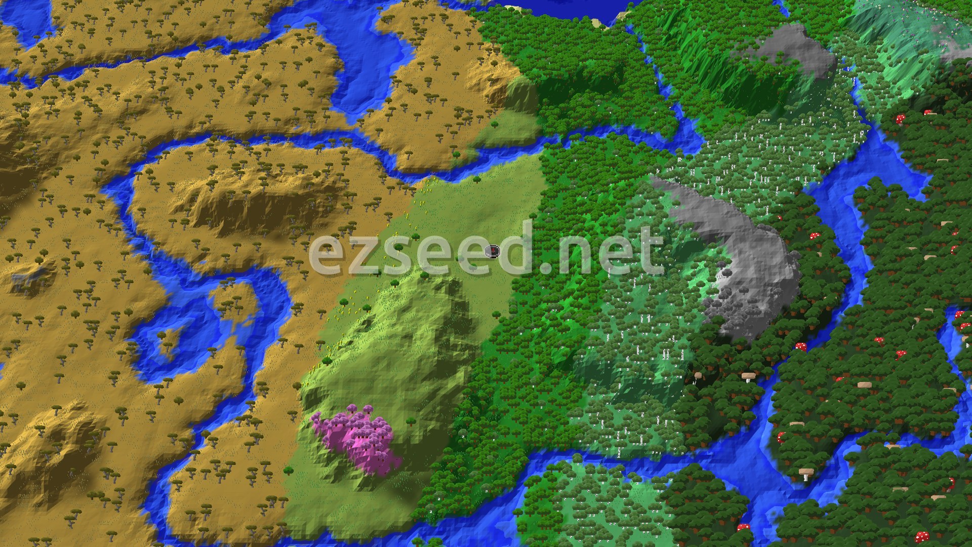 An aerial view shows a plains biome at the center, surrounded by a large savanna to the west, and dense forests with a river winding through them to the east. A small patch of cherry blossom trees is visible near the plains.