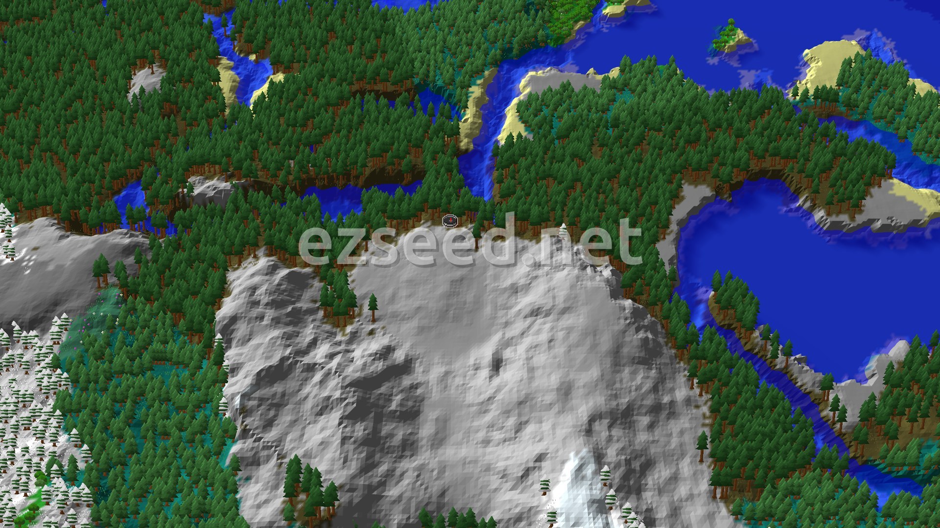 Aerial Minecraft seed map — Old Growth Taiga Spawn with Nearby Snowy Peaks