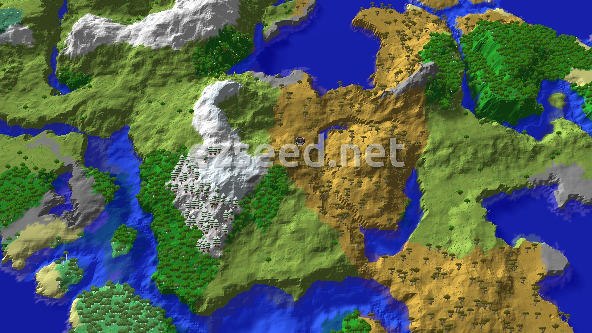 A 3D fly-over of a varied landscape, showing savanna, mountains, forests, and water with a spawn marker.