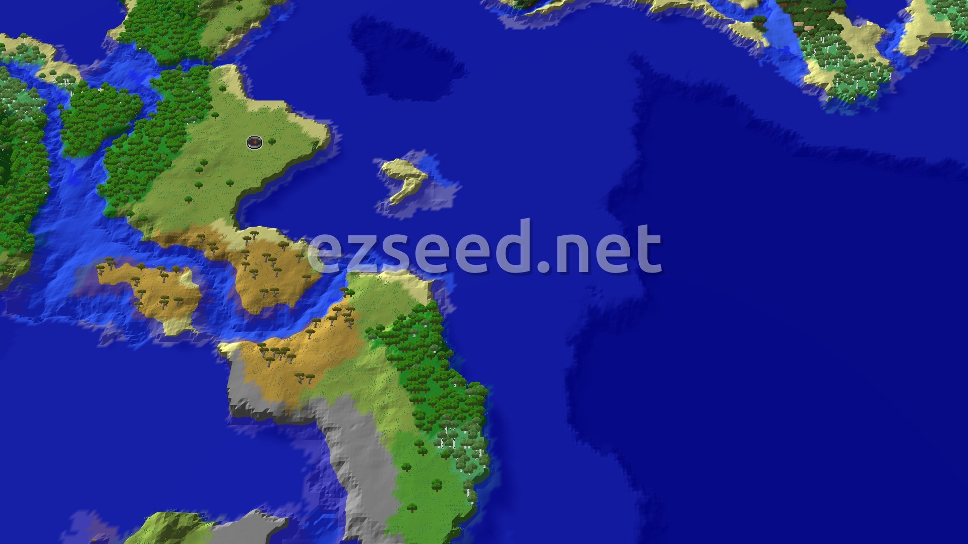 A 3D overhead view shows a large island covered in Plains, Forest, and Savanna biomes, surrounded by vast blue oceans and smaller landmasses in the distance. A small spawn marker sits on the island.